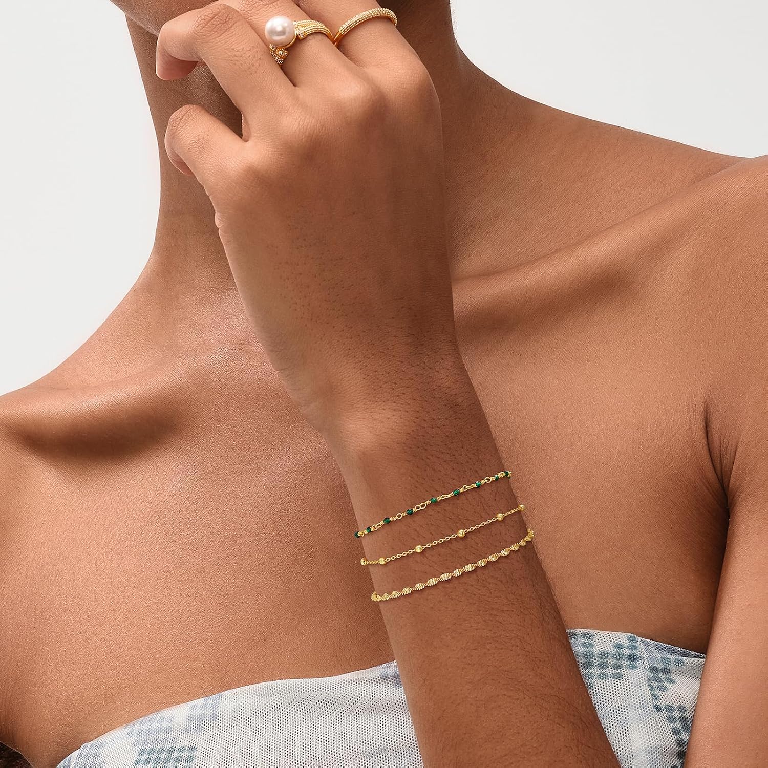 MEVECCO Dainty Gold Beads Bracelets,18K Gold Plated Handmade Cute Emerald Zircon Bead Chain Minimalist Bracelet for Women Jewelry Gifts - Image 3