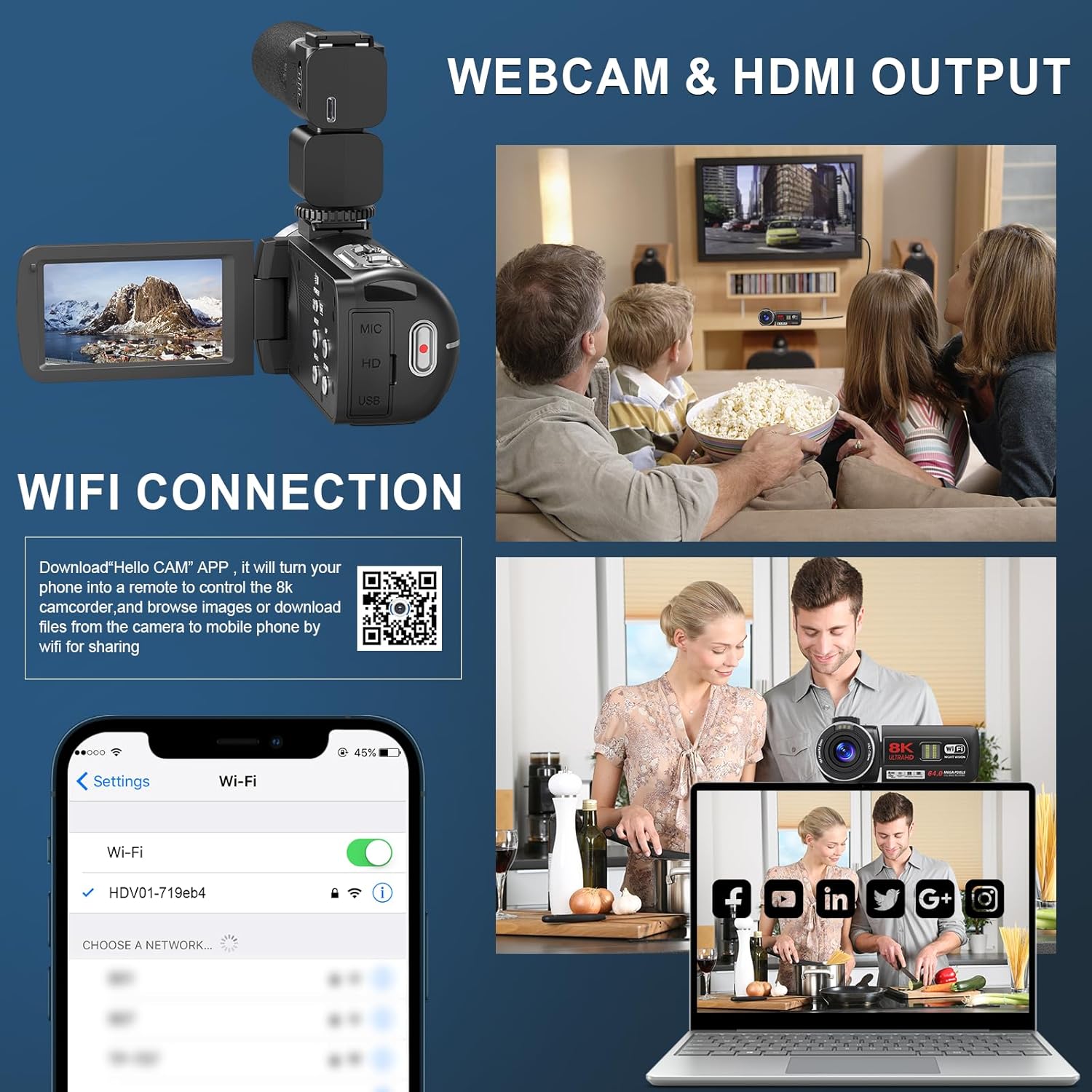 8K Video Camera Camcorder, 64MP IR Night Vision Vlogging Camera, 18X Zoom WiFi Digital Touch Screen Camcorder for YouTube with 32G SD Card, Remote Control, Mic, Charging Cradle, and Two Batteries - Image 5