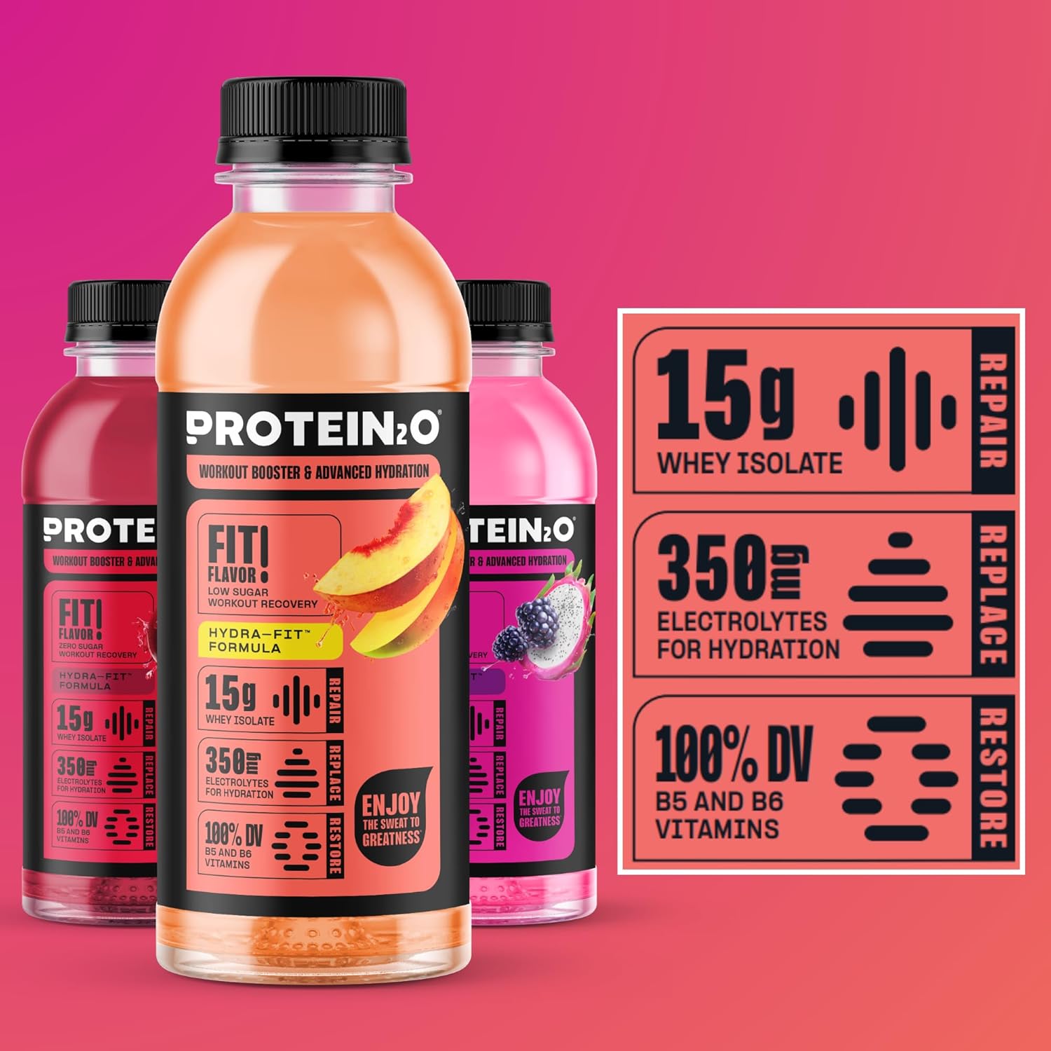 Protein2o 15g Whey Protein Isolate Hydration Drink, 350mg of Electrolytes, Vitamins B5 & B6, Low Sugar, Flavor Fusion Variety Pack, 16.9 oz Bottle (Pack of 12) - Image 5