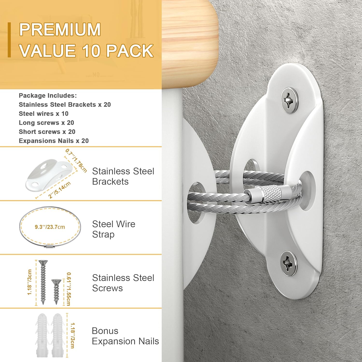 Furniture Anchors (10 Pack) for Baby Proofing, Furniture Straps Anti Tip Furniture Anchor Securing 400 lbs/Keep Baby Pet Safety from Falling Furniture, Metal White Earthquake Straps - Image 4