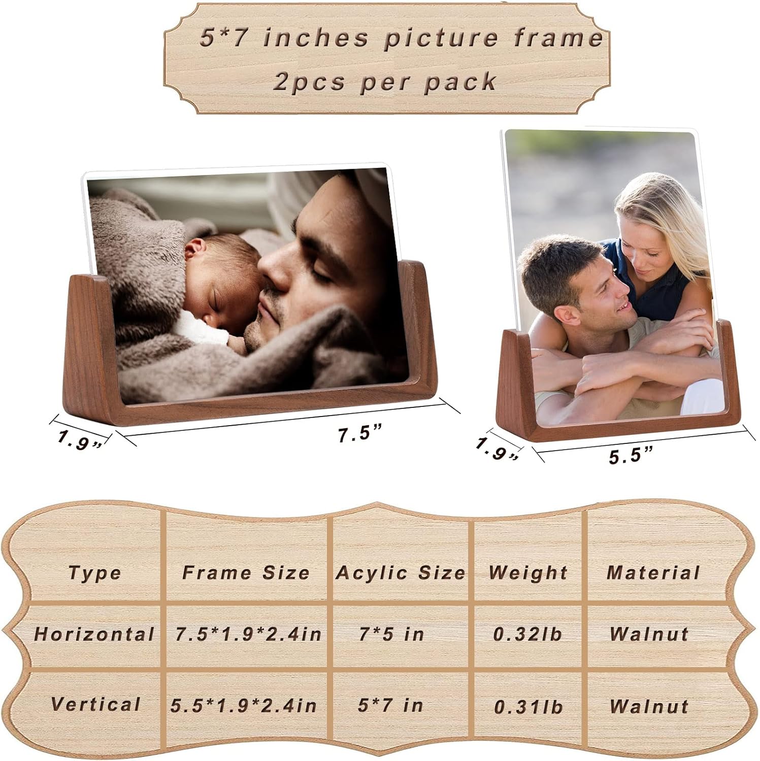 5X7 Walnut Wooden Picture Frame,Brown Photo Frame with Double Side Acrylic Glass Cover, 2pcs Horizontal Vertical Photos for Table Top Desktop Display, Valentine's Day Gift - Image 3