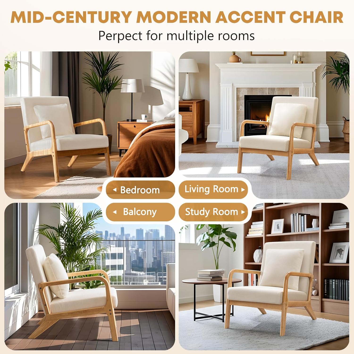 ELUCHANG Mid-Century Modern Chair,Accent Chair with Lumbar Pillow,Upholstered Armchair,Linen Fabric Comfy Reading Chair, Lounge Side Chair for Living Room Bedroom Apartment,Easy Assembly - Image 8