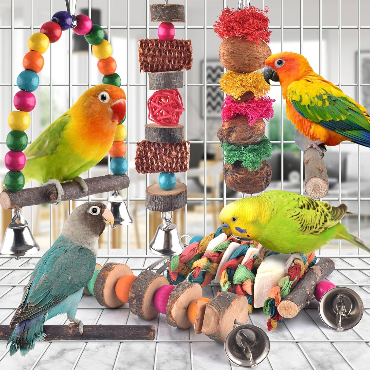 Bissap Bird Chew Toys, 7 Packs Parakeet Natural Wood Toys Parrot Hanging Cage Toy Bird Perch Stand for Small Bird Conure Cockatiel Parrotlet Lovebird Budgie - Image 3