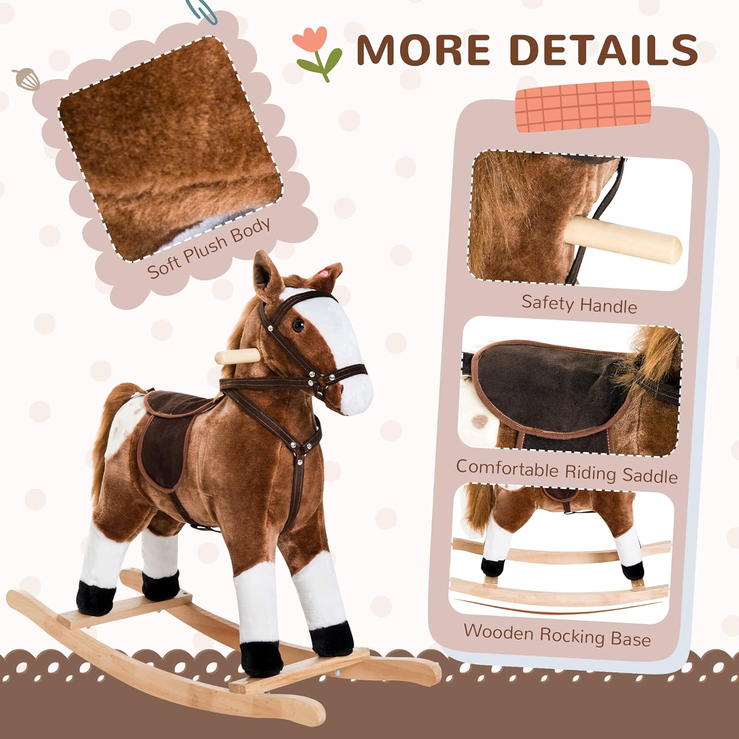 Qaba Kids Rocking Horse Plush Ride On Toy Toddler Rocker for Boys Girls Gifts with Realistic Sounds, Brown - Image 7