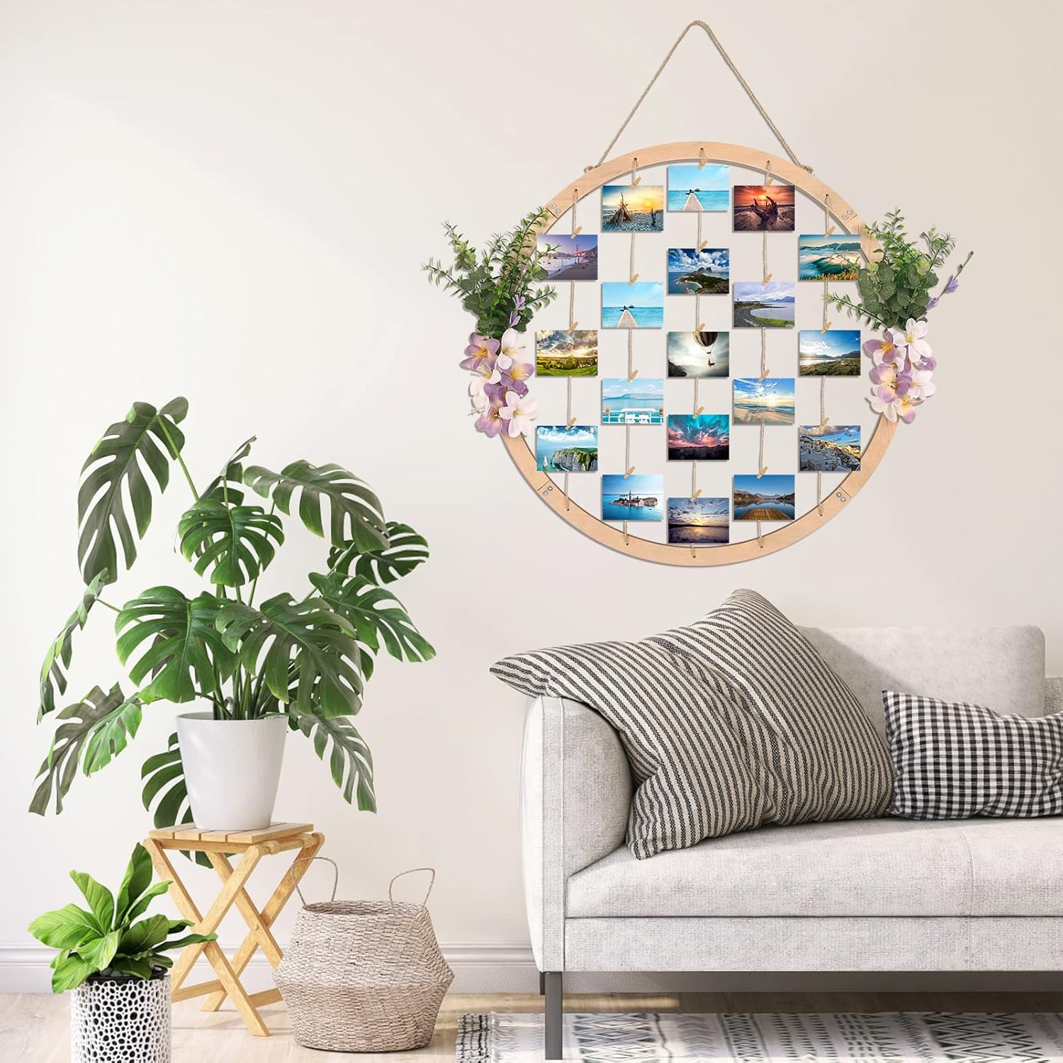 Super Holiday Large Round Wooden Picture Frames - 60CM/23.62" Artificial Flower/Eucalyptus Hanging Display Board Photo Frames Collage Wall Decor, for Spring Summer Mother's Day Grandma Christmas - Image 8