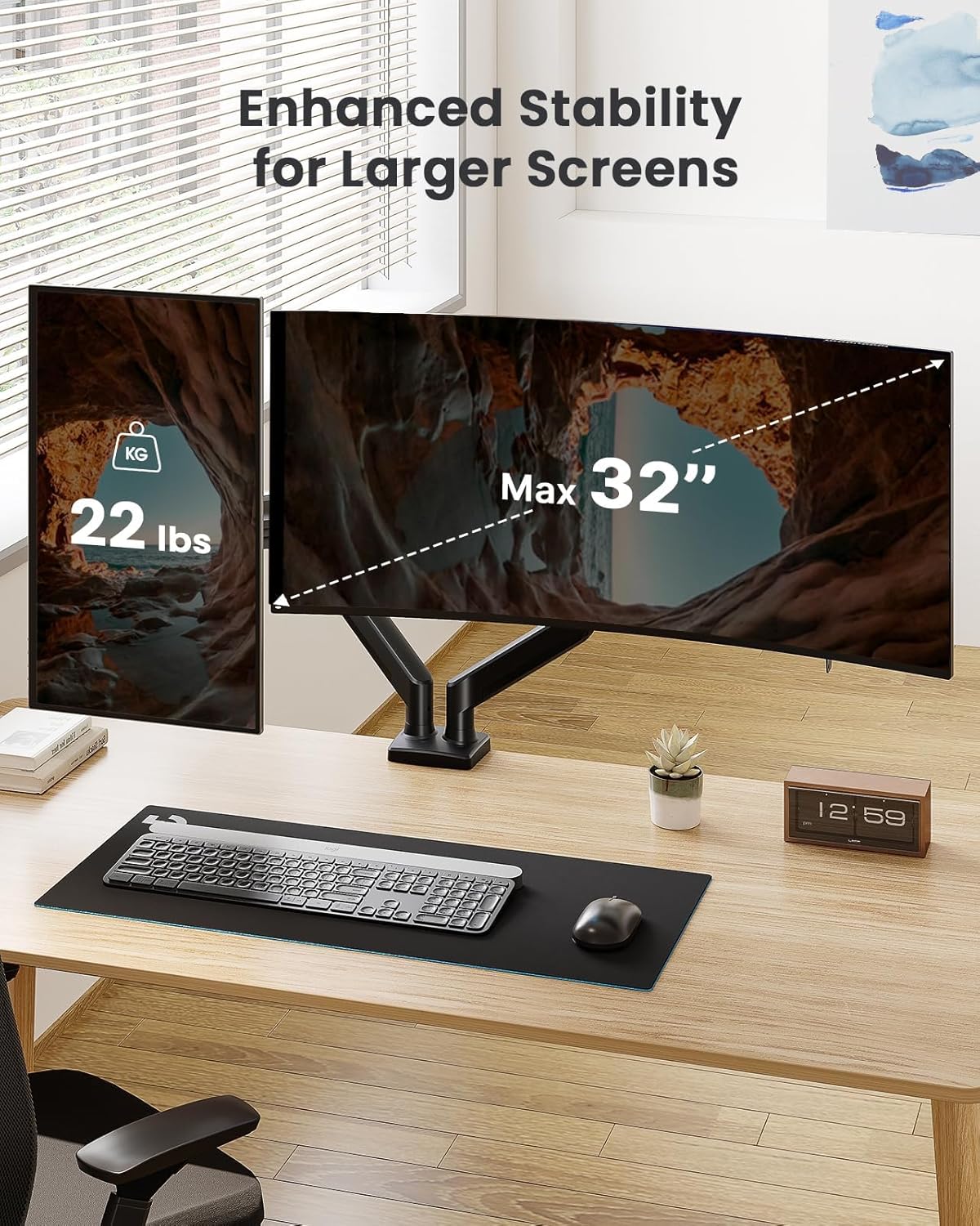 ErGear Dual Monitor Stand up to 32 inches Screen, Load-Bearing Max 22 lbs Each Arm, Adjustable Dual Monitor Mount, Sturdy Steel vesa Monitor Mount with Stable VESA 75x75 100x100mm - Image 3