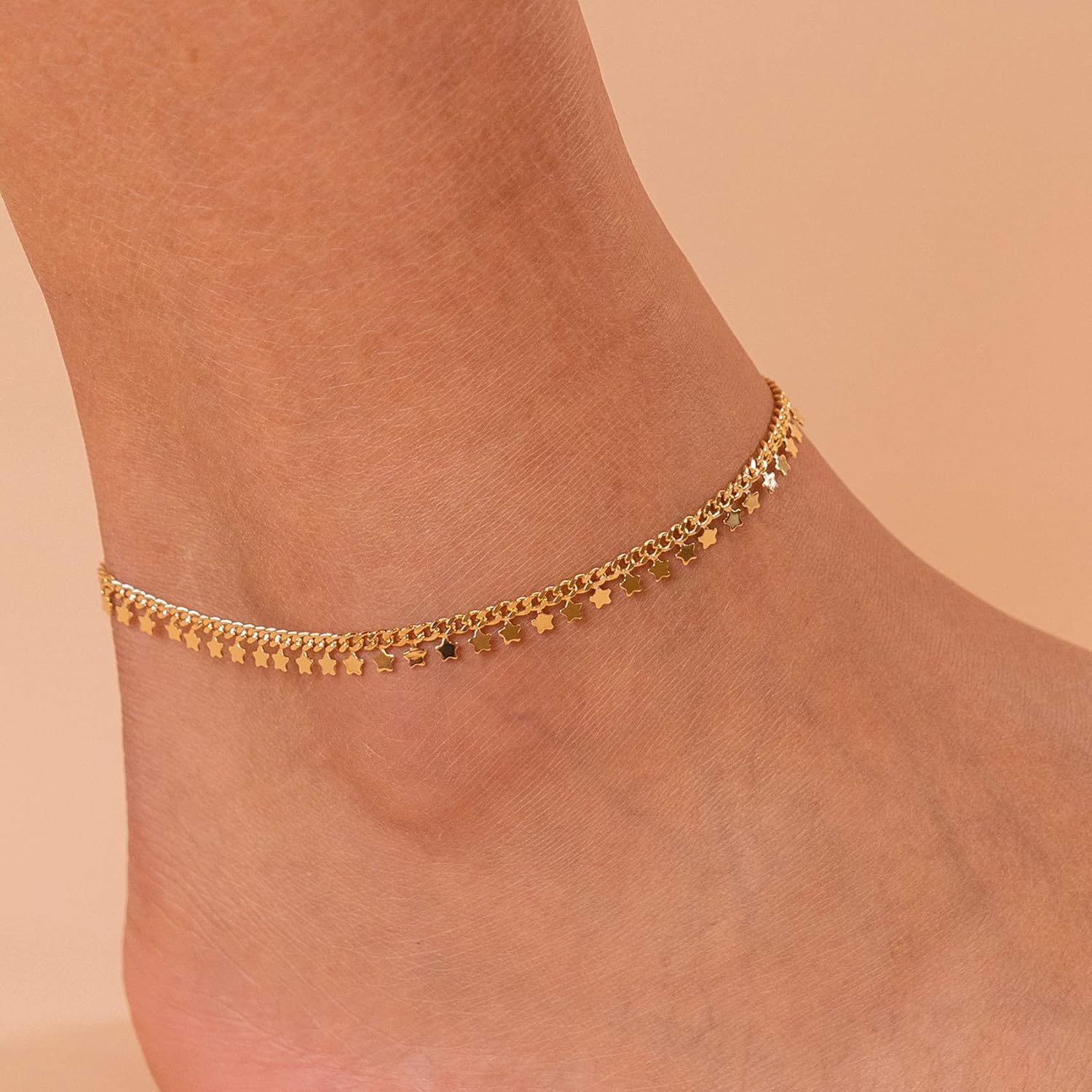 PAVOI 14K Gold Plated Charm Link Chain Anklets for Women | Dainty Cubic Zirconia Boho Dot Evil Eye Star Station Solitaire Pearl Beaded Festival Adjustable Gold Anklets - Image 3