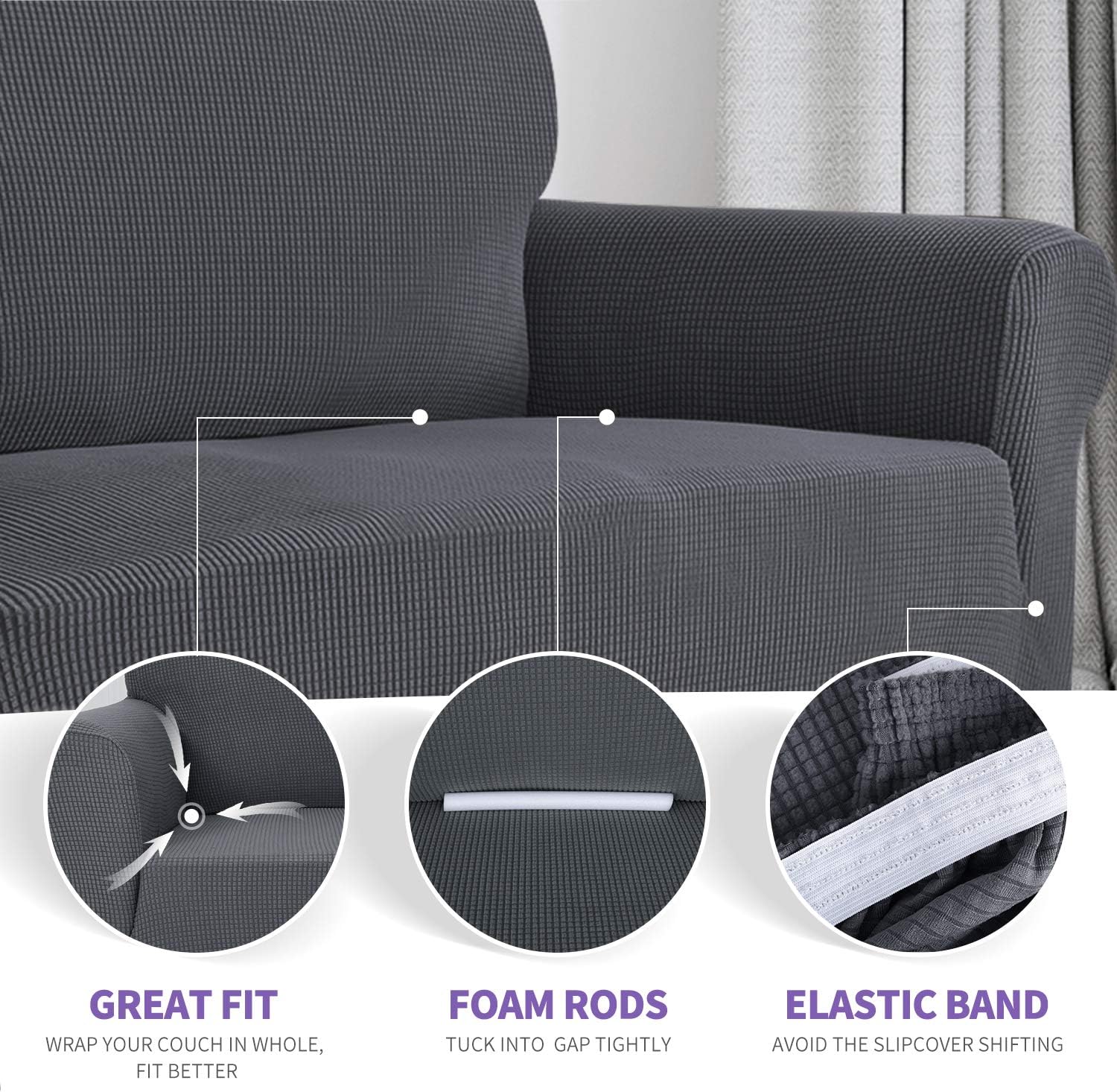 ZNSAYOTX Super Stretch Couch Cover (72"-92") Universal Sofa Covers with Elastic Bottom, Dog Cat Pets Friendly Washable Furniture Protector Fitted Sofa Slipcovers Stay in Place (Dark Grey, Sofa) - Image 4