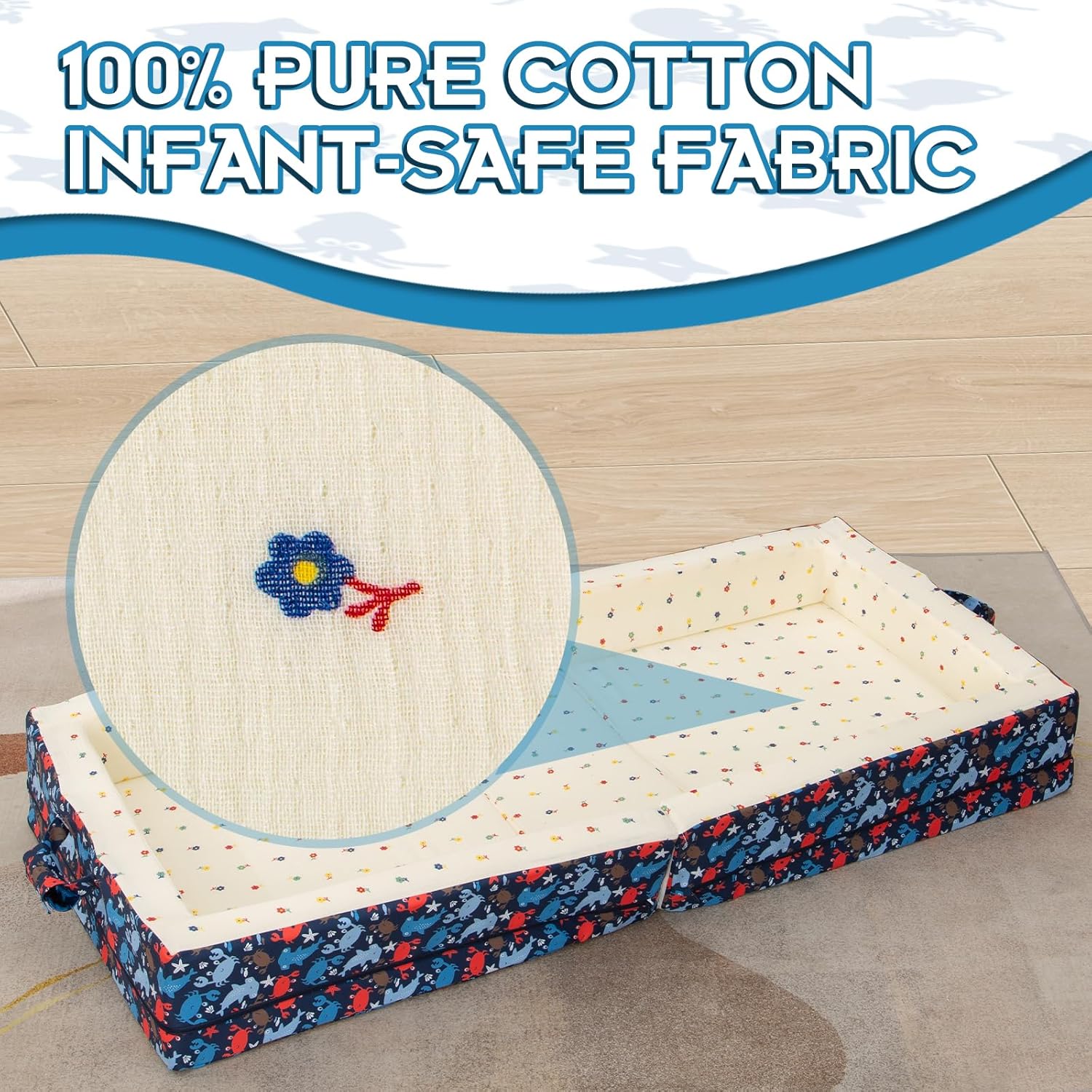 100% Cotton Inner Portable Foldable Toddler Travel Bed - Soft Foam Floor Bed with Washable Cover, Safe and Comfortable Toddler Crib, Ocean Blue - Image 5