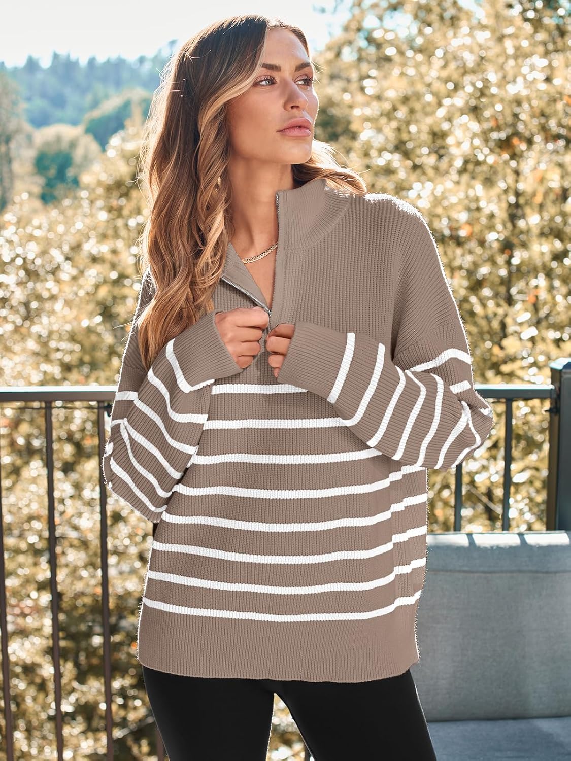 LILLUSORY Women's Quarter Zip Striped Oversized Sweater 2025 Mock Turtleneck Fall Fashion Outfit - Image 3