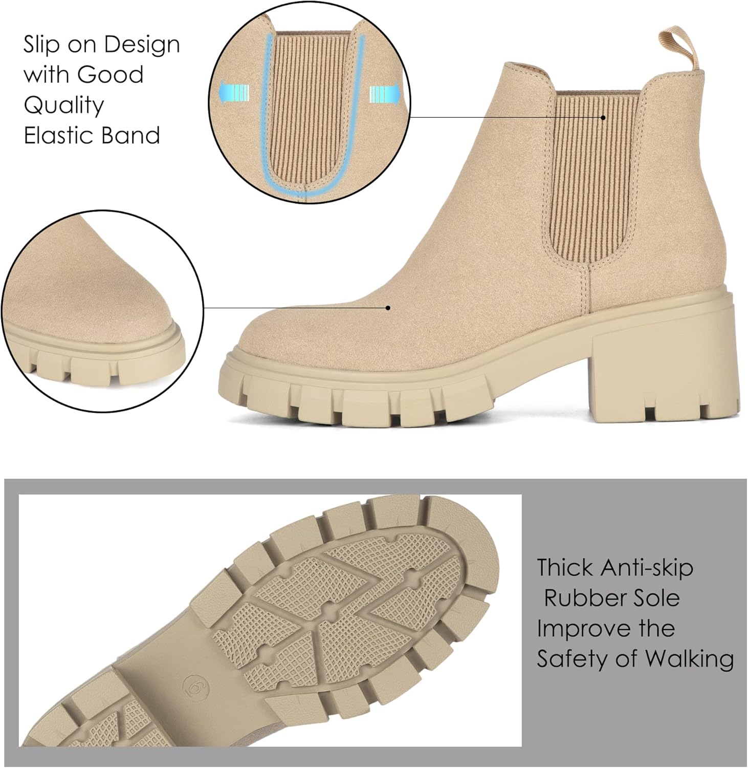 Athlefit Women's Chelsea Boots Fashion Lug Sole Chunky Heel Slip on Elastic Ankle Booties - Image 5