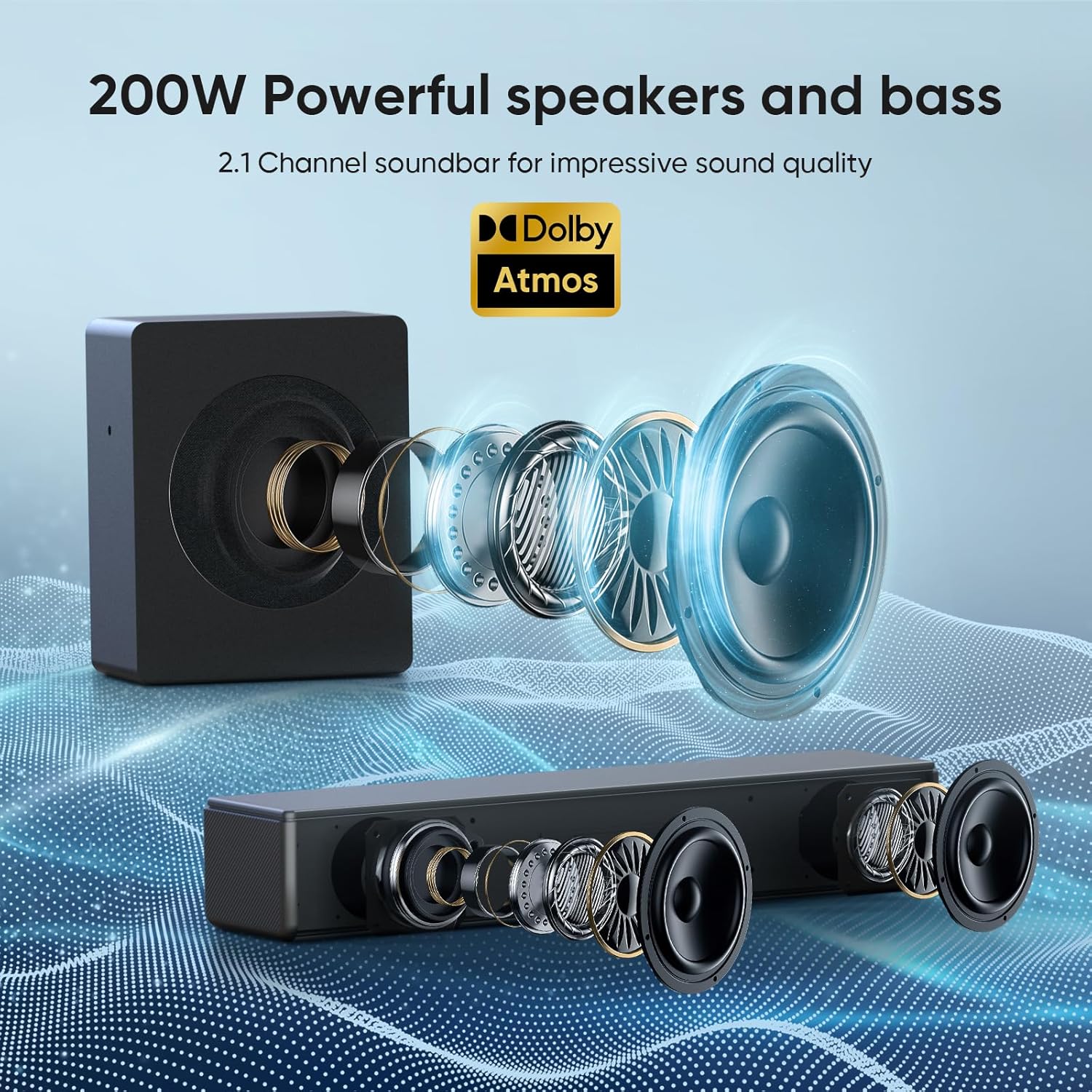 Sound bar with subwoofer, 200W 2.1 ch soundbar w/Dolby Atmos Surround Sound System, 3D Bass Adjustable Home Theater Bluetooth TV Speaker for Smart TV/Projector/PC - Image 4