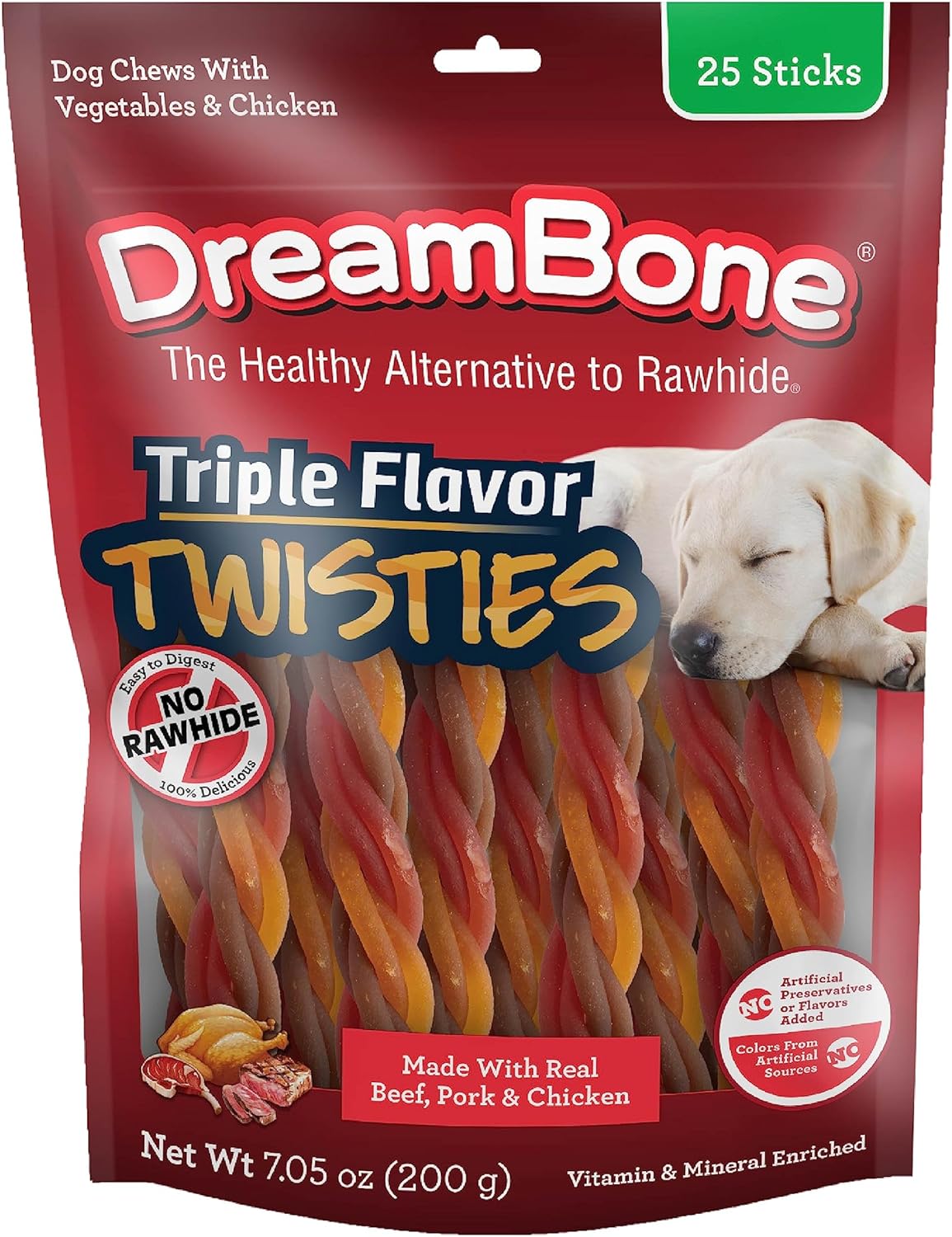 Dreambone Triple Flavor Twisties, 25 Count, Rawhide-Free Dog Chews Made with Real Beef, Pork & Chicken, 7.05 Ounce (Pack of 1) - Image 2