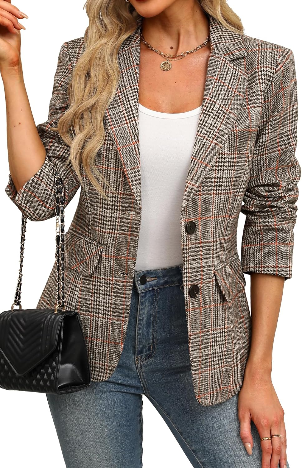 ELLEVEN Women's Lapel Collar Plaid 2 Button Boyfriend Blazer Suit Houndstooth Work Office Blazer Jacket - Image 2