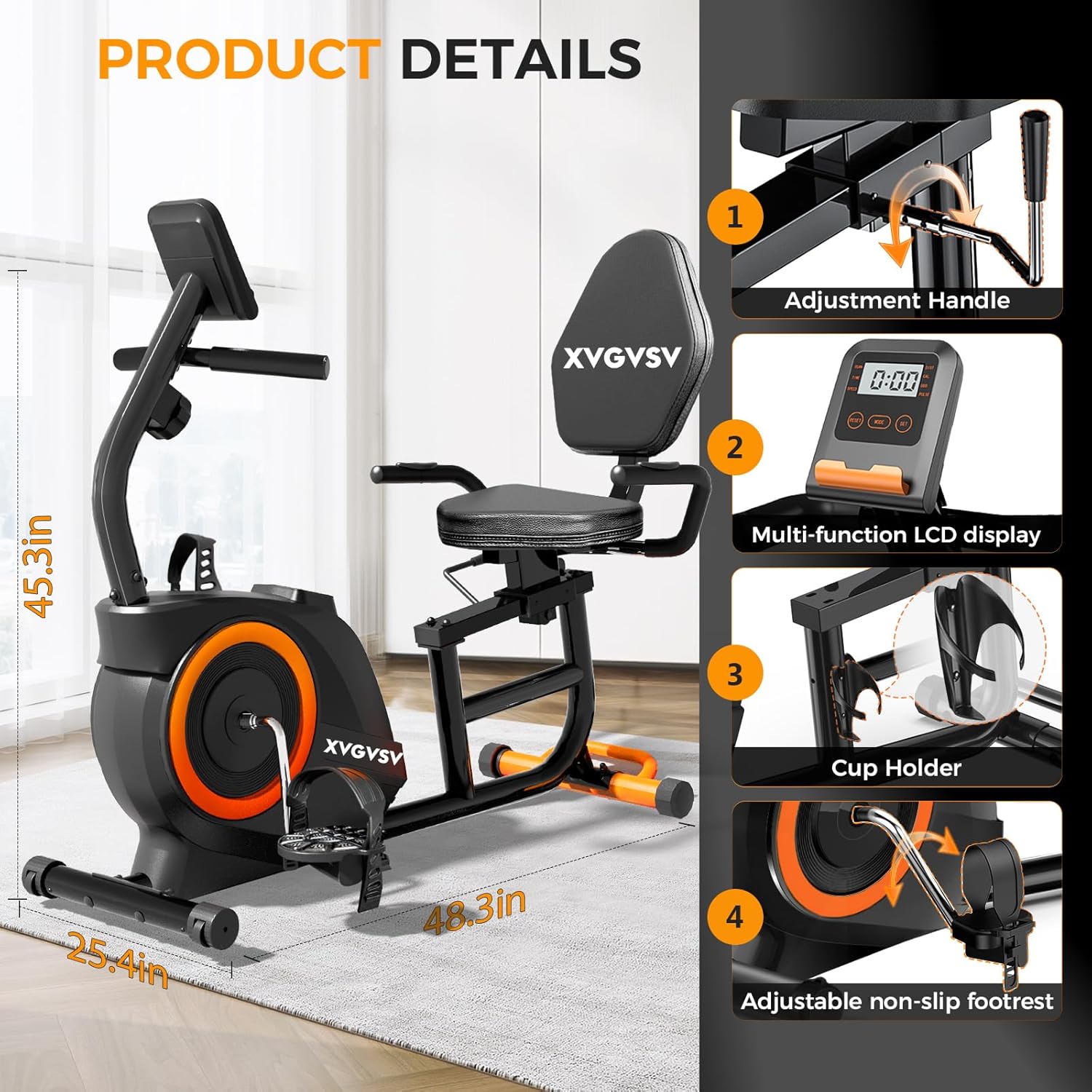 Recumbent Exercise Bike, Recumbent Stationary Bike for Home, Recumbent Bike with 400LB Weight Capacity Whisper-Quiet 16 Levels Magnetic Resistance Heart Rate Handle and Multi-Function LCD Comfortable Seat - Image 8