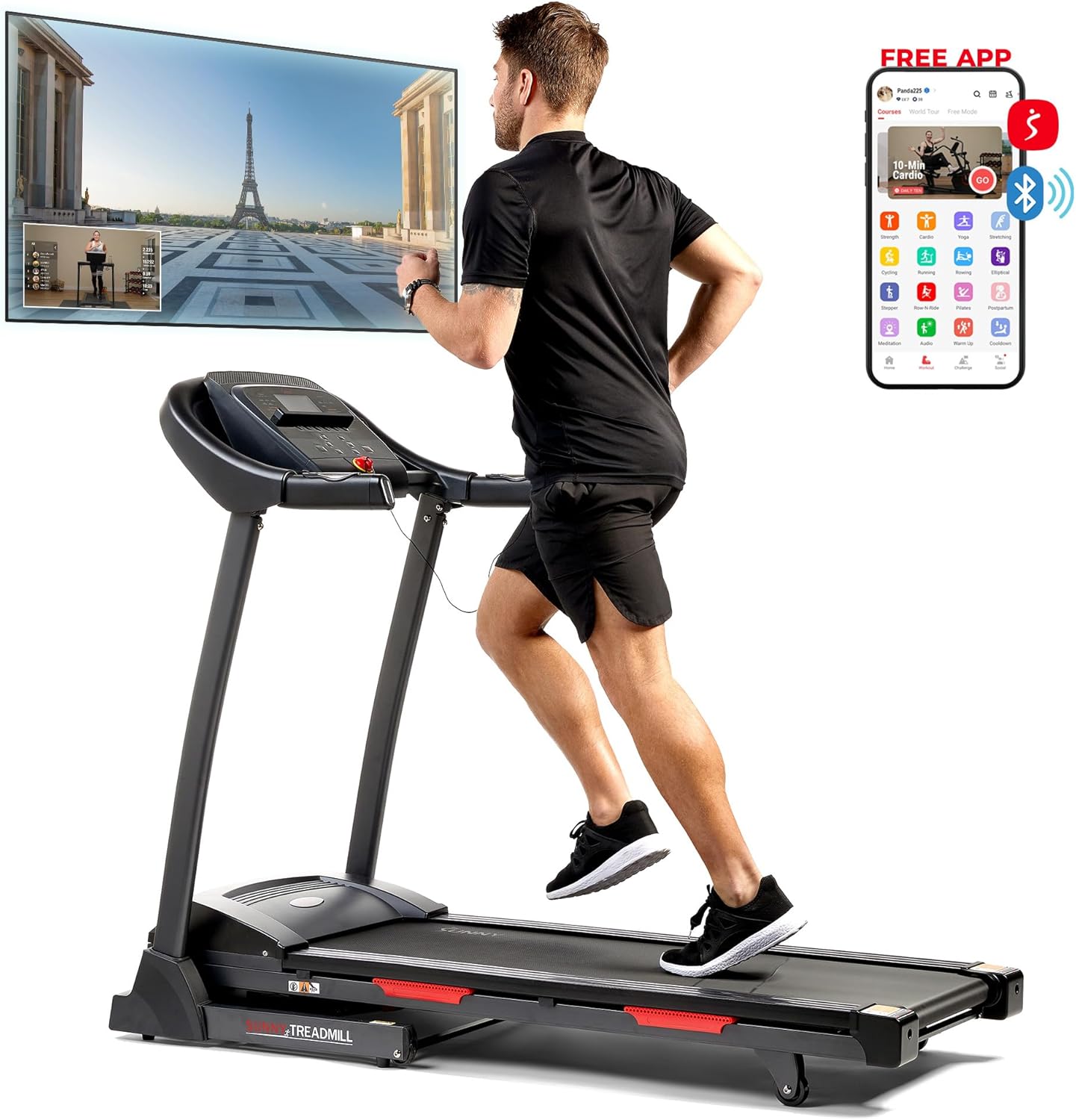 Sunny Health & Fitness Premium Folding Treadmill for Home with Adjustable Incline, Shock Absorption, Digital Monitor, Pulse Sensors, Speed Buttons, Optional Free SunnyFit App Bluetooth Connection - Image 2