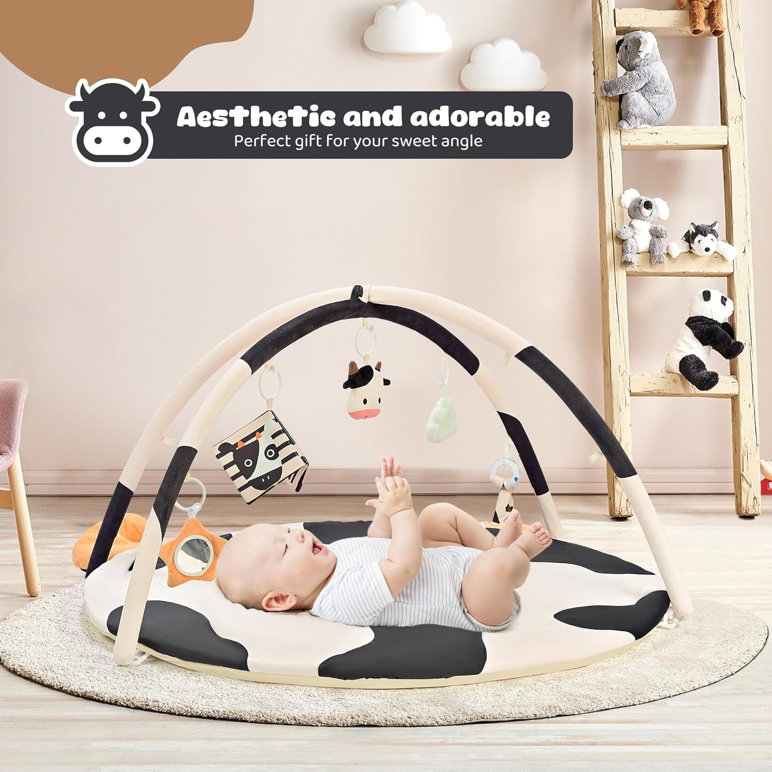 2PM SPORTS Cow Theme Baby Play Mat, Tummy Time Mat for Infant Newborn, Baby Play Gyms & Playmats for 0-3 3-6 6-12 Months, Activity Mat 5 Detachable Toys, Non Slip Gym Mat Easy to Install & Clean - Image 3