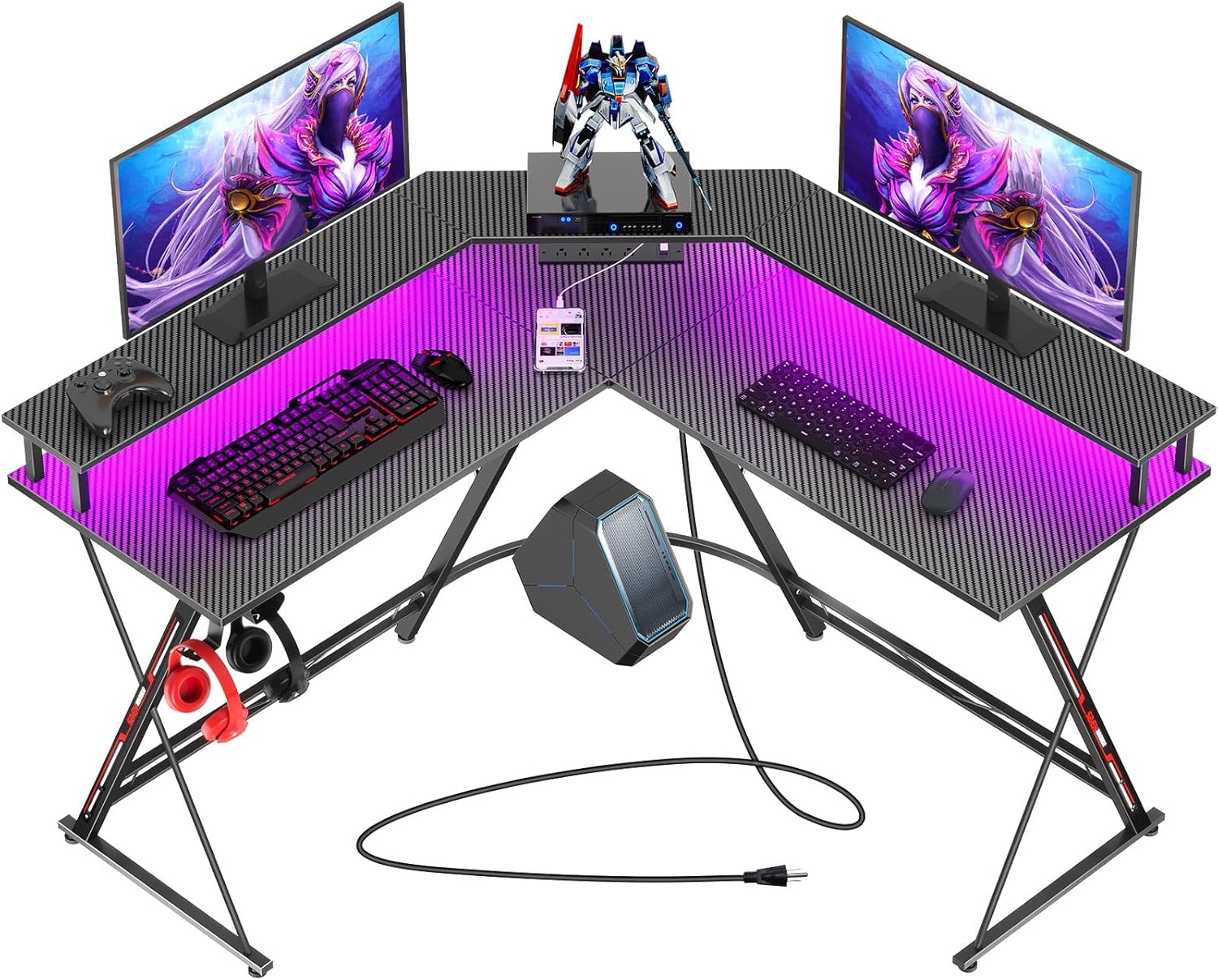 SEVEN WARRIOR L Shaped Gaming Desk with LED Lights & Power Outlets, 50.4” Computer Desk with Monitor Stand, Corner Desk with Carbon Fiber Surface, Gaming Table with Hooks, Black - Image 2