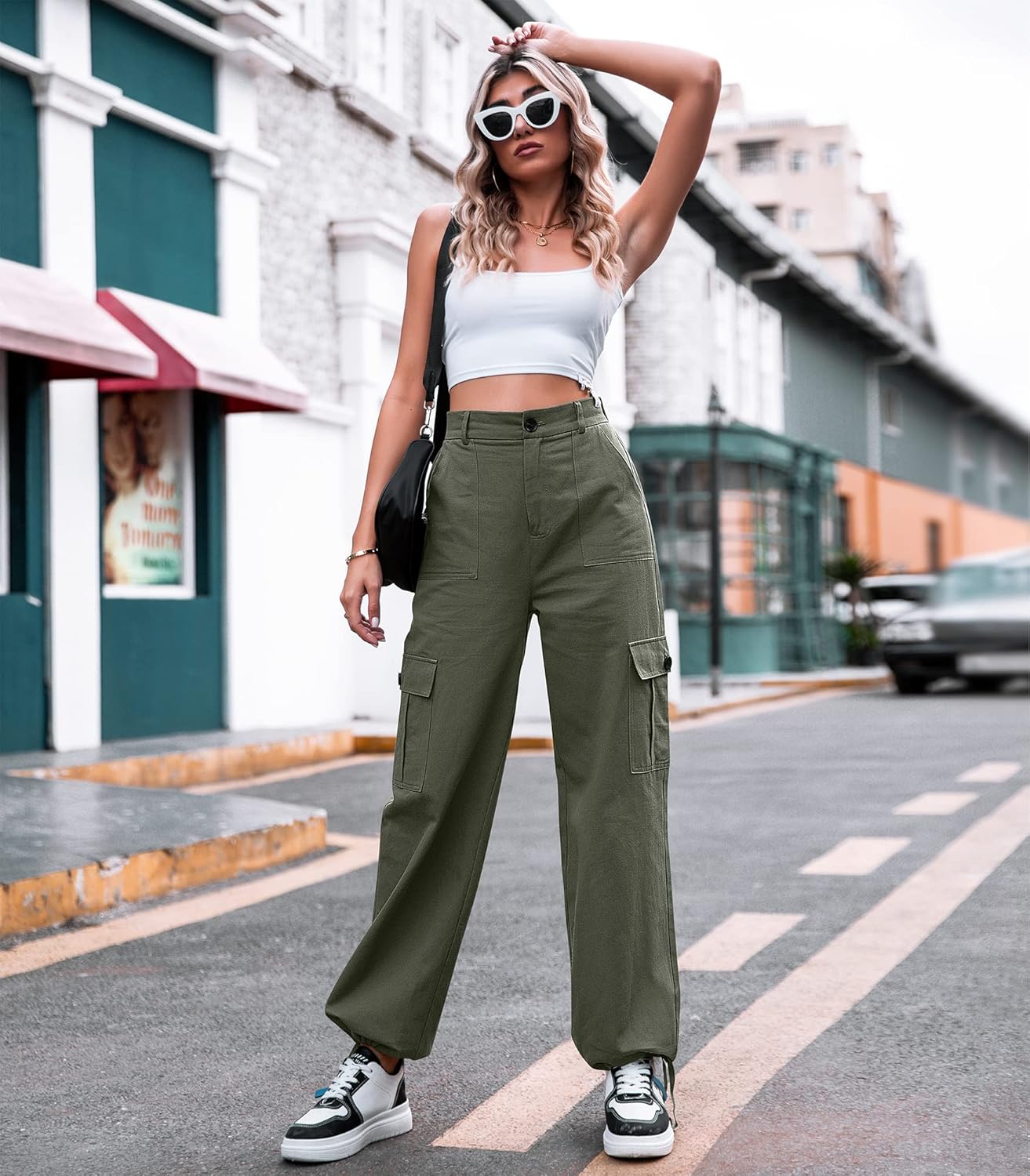 ZMPSIISA Women High Waisted Cargo Pants Wide Leg Casual Pants 6 Pockets Combat Military Trousers - Image 3