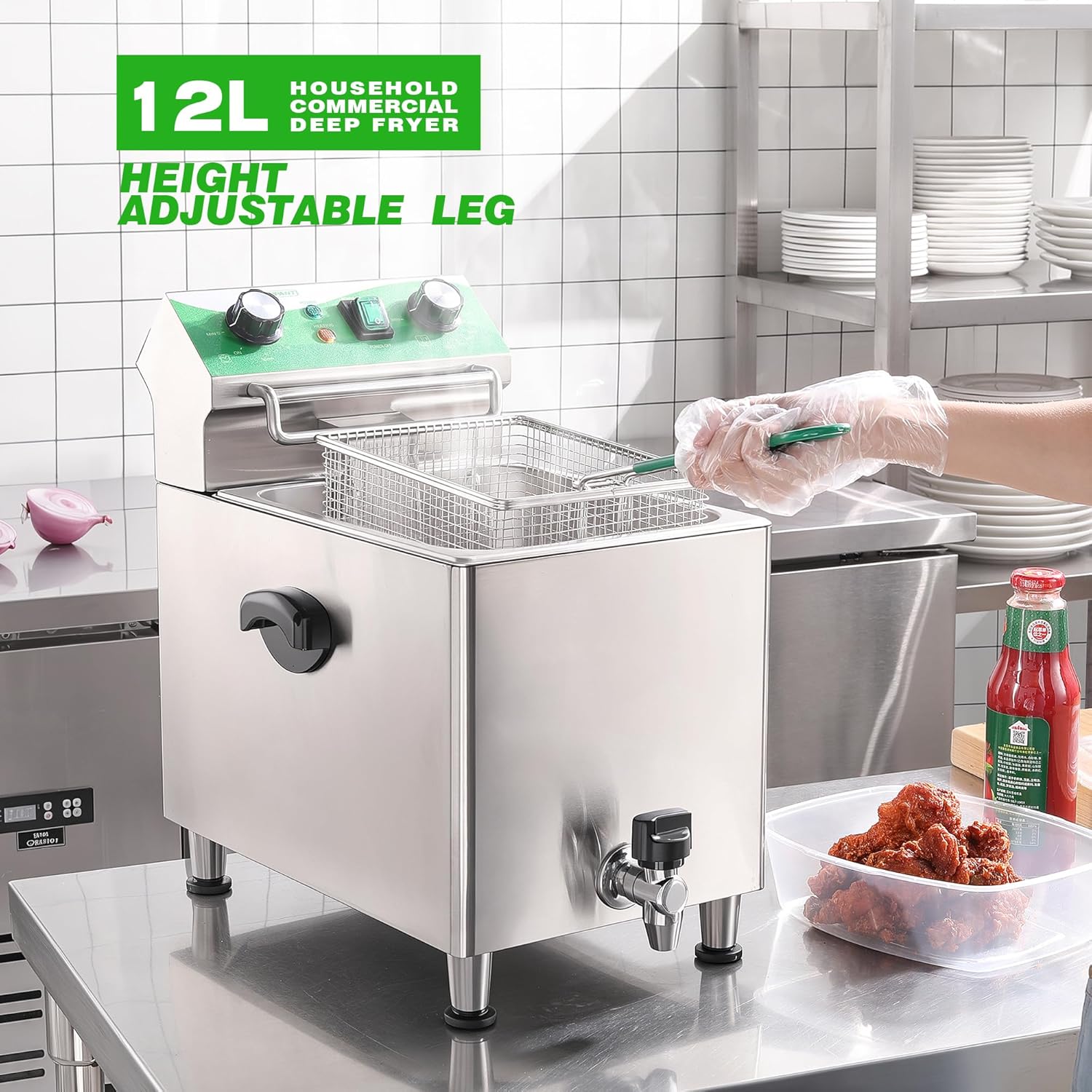 Deep Fryer with Basket and Lid Commercial Fryers with Oil Filtration and Timer 12L/12.7QT Electric Countertop Fryer Stainless Steel Single Tank Fryer for Home and Reastaurant Use 110V 1750W - Image 6