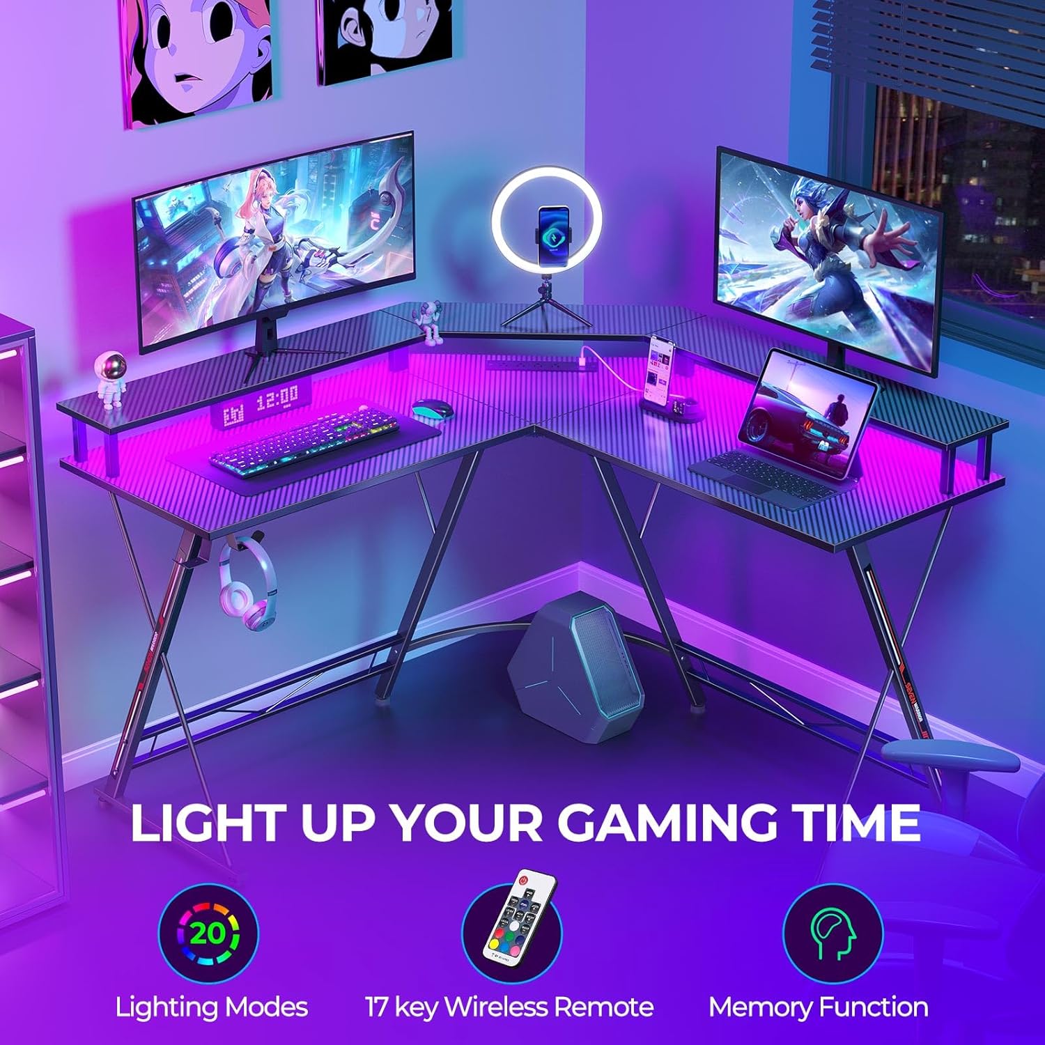 SEVEN WARRIOR L Shaped Gaming Desk with LED Lights & Power Outlets, 50.4” Computer Desk with Monitor Stand, Corner Desk with Carbon Fiber Surface, Gaming Table with Hooks, Black - Image 5
