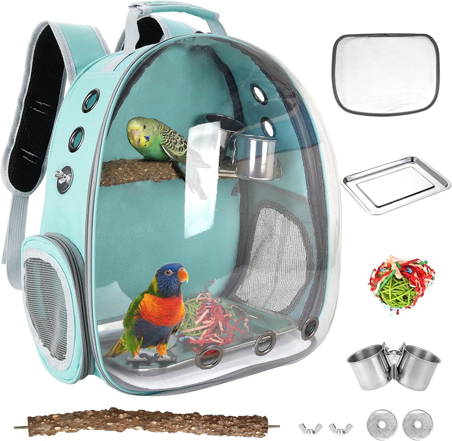 Bird Carrier Backpack Travel Cage with Perch, Breathable Clear Parrot Cockatiel Cage with Toy Stainless Steel Food Bowl Tray for Conures Parakeet Budgie Canary Lovebirds, Small Animal Pet Carrier Bag - Image 2