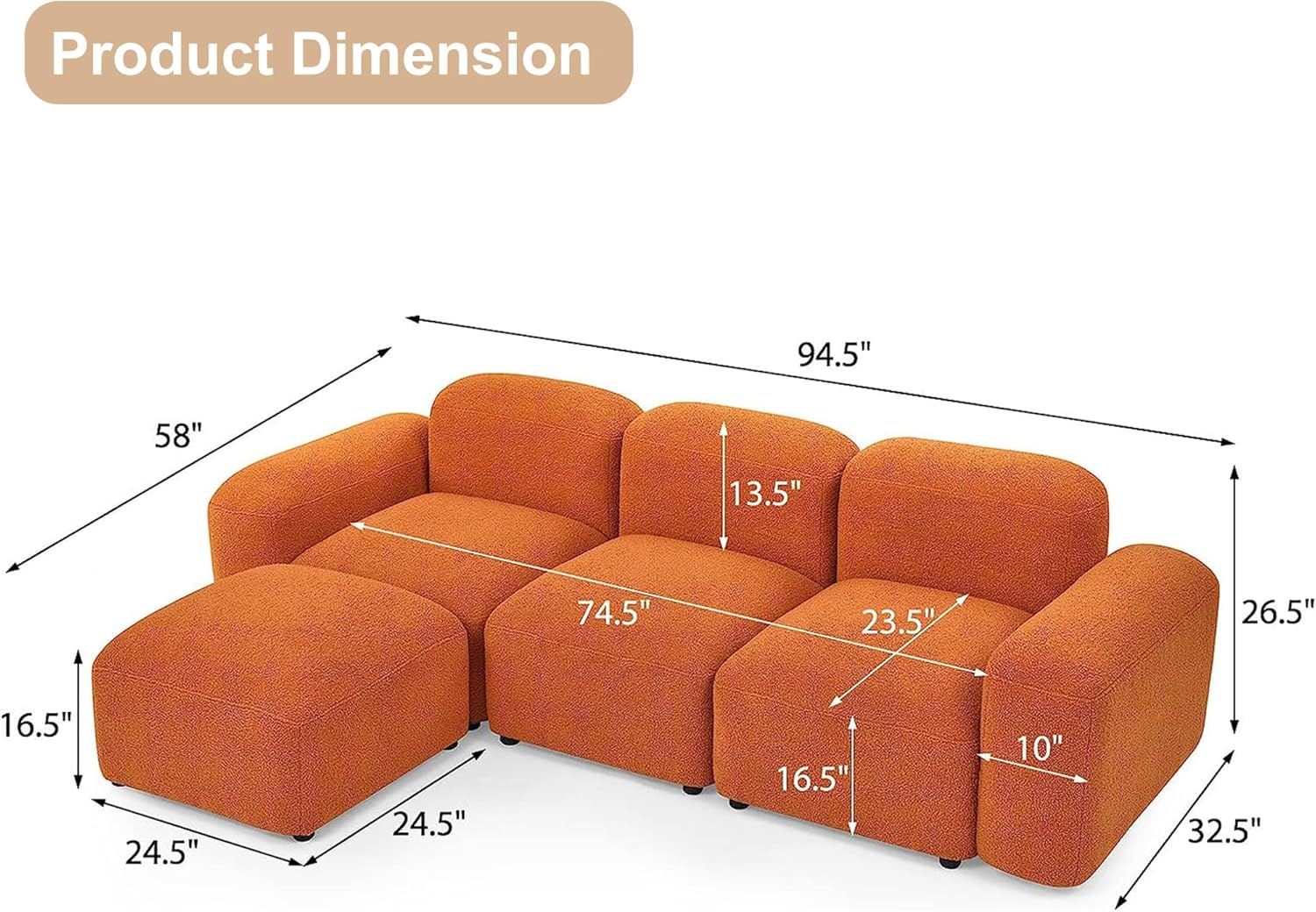 Modular Sectional Sofa, Convertible L Shaped Couch, 94.5" Modern Minimalist Cloud Couches for Living Room Set, Comfy Orange Teddy Fabric - Image 3