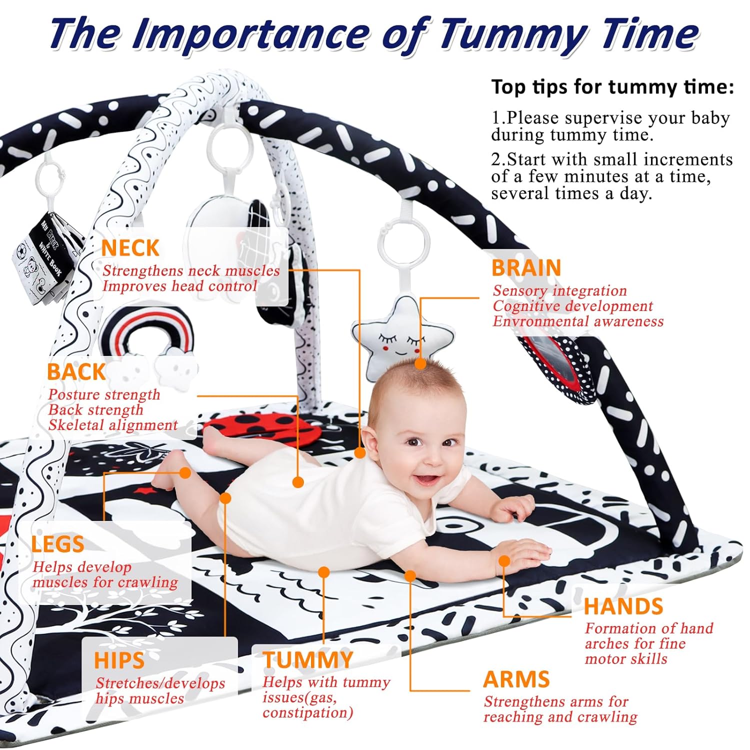 Black and White Baby Gym Play Mat with 6 Toys Tummy Time Activity Mat for Babies 0-6 6-12 Months High Contrast Baby Gyms & Playmats Sensory Toys Newborn Brain Development Infant Play Mat Baby Gifts - Image 4