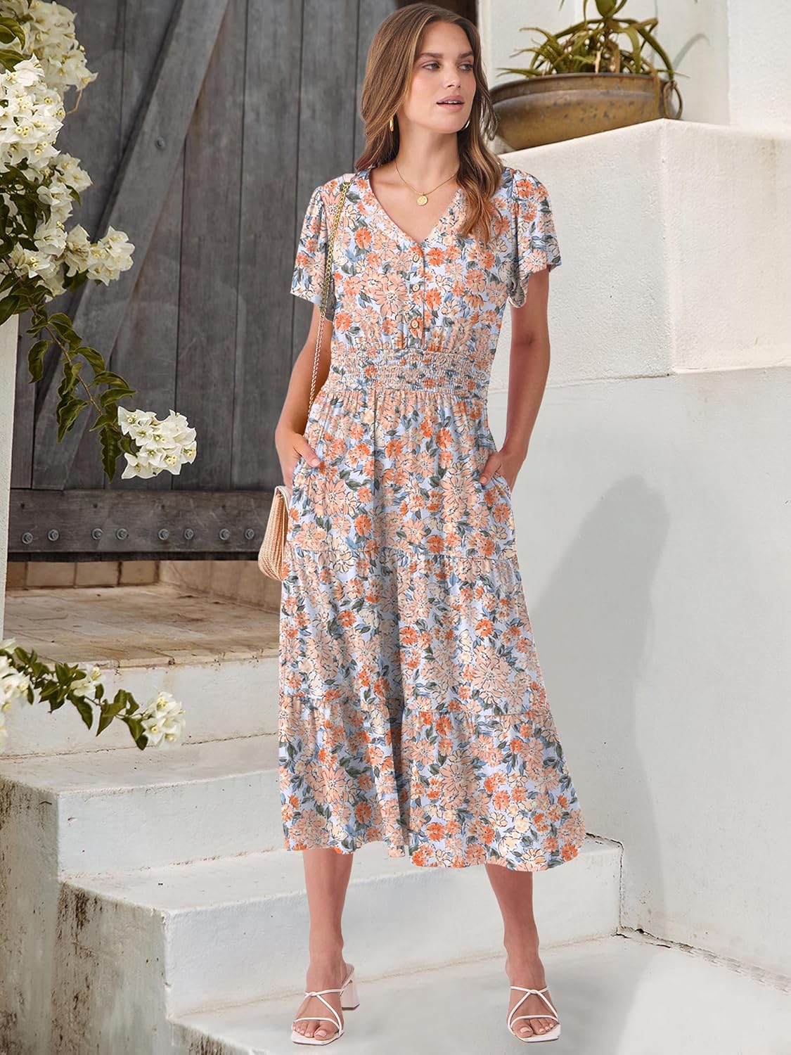 ANRABESS Womens Summer Casual Short Sleeve V Neck Midi Dresses Button Down A Line Flowy Tiered 2025 Boho Beach Dress - Image 3