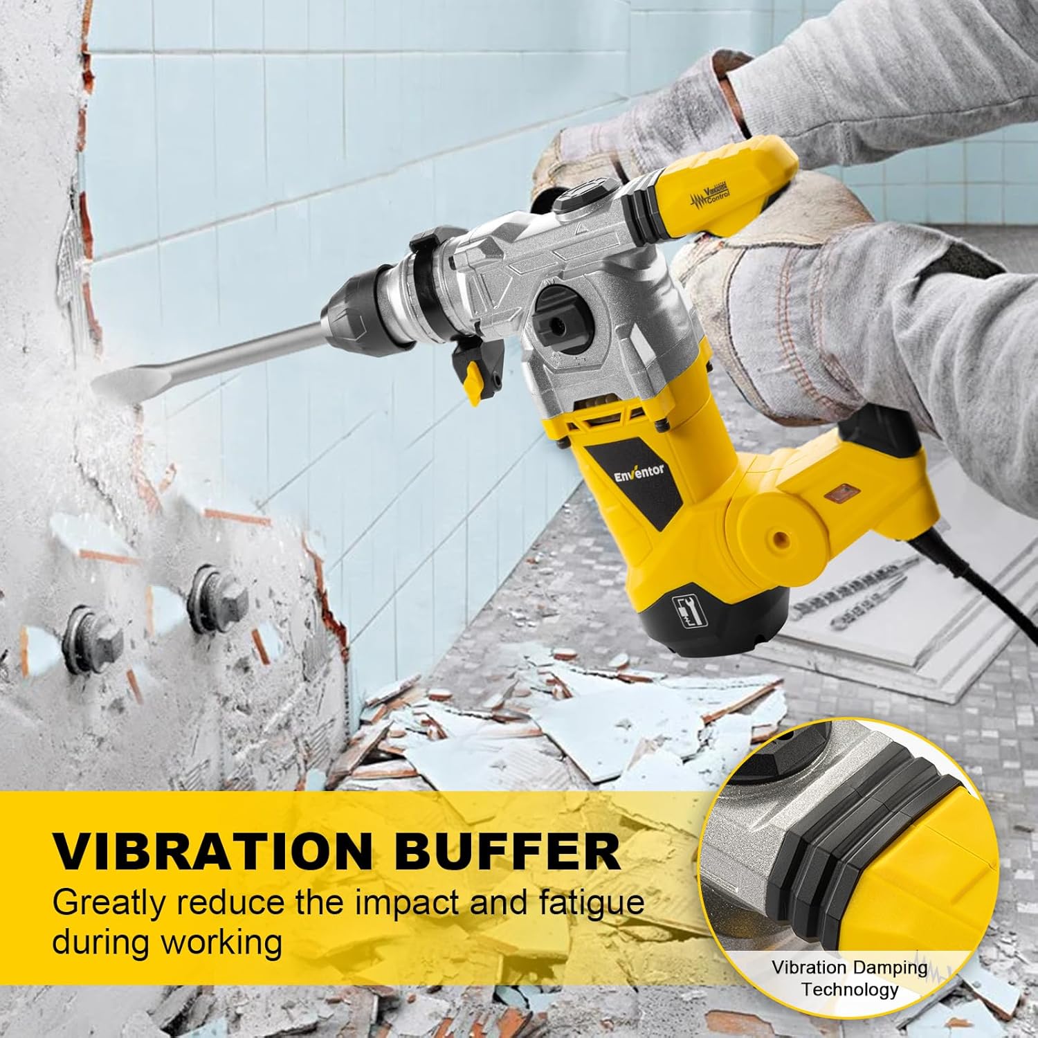 Enventor 1-1/4 Inch SDS-Plus 12.5A Heavy Duty Rotary Hammer Drill for Concrete Stone, Safety Clutch Electric Demolition Hammer Drill with 4 Functions, Vibration Control, Chisels, Drill Bits, Case - Image 9