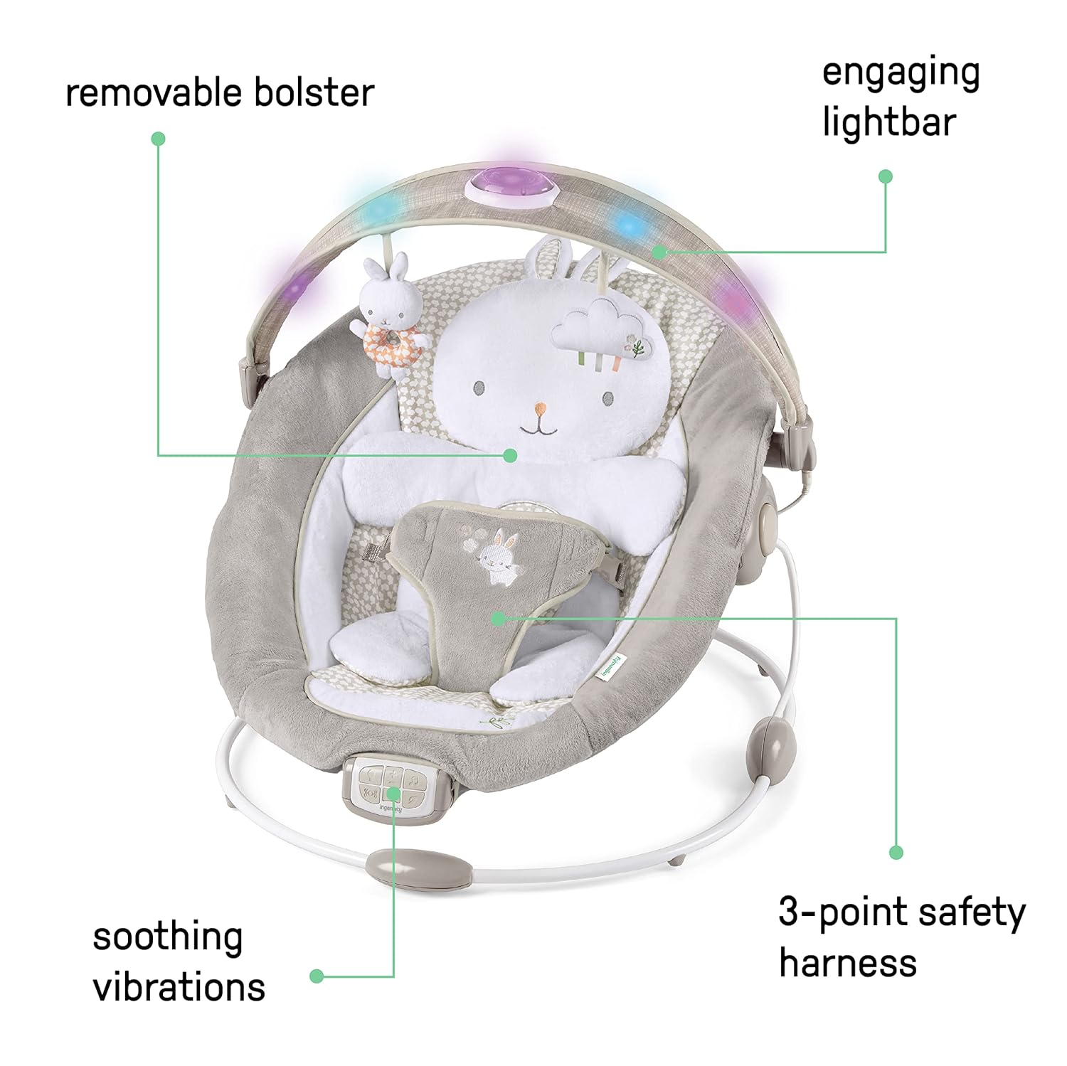 Ingenuity InLighten Baby Bouncer Infant Seat with Light Up -Toy Bar, Vibrations, Tummy Time Pillow & Sounds, 0-6 Months Up to 20 lbs (Twinkle Tails Bunny) - Image 3