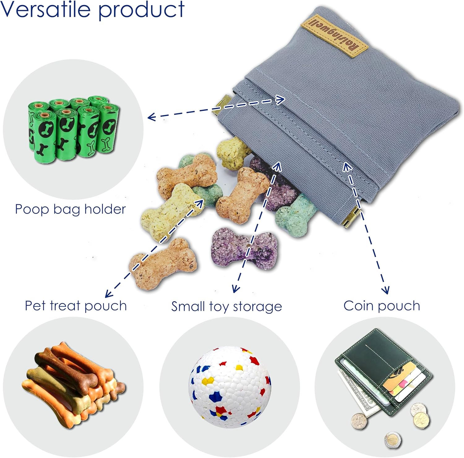 Dog Treat Pouch, Small Cotton Pocket Sized Training Holder, Hand Free Walking Fanny Bag with Carabiner, Self-Closing Pet Feed Snack Reward, Behavior Aids for Puppy Travel or Outdoor (Grey) - Image 5