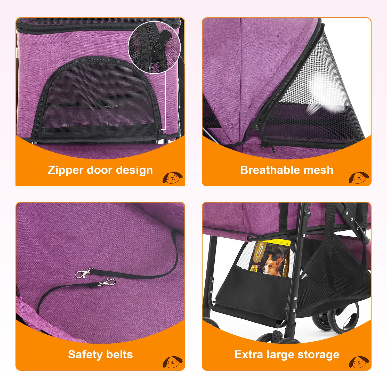 BestPet Pet Stroller Premium 3-in-1 Multifunction Dog Cat Jogger Stroller for Medium Small Dogs Cats Folding Lightweight Travel Stroller with Detachable Carrier, Purple - Image 8