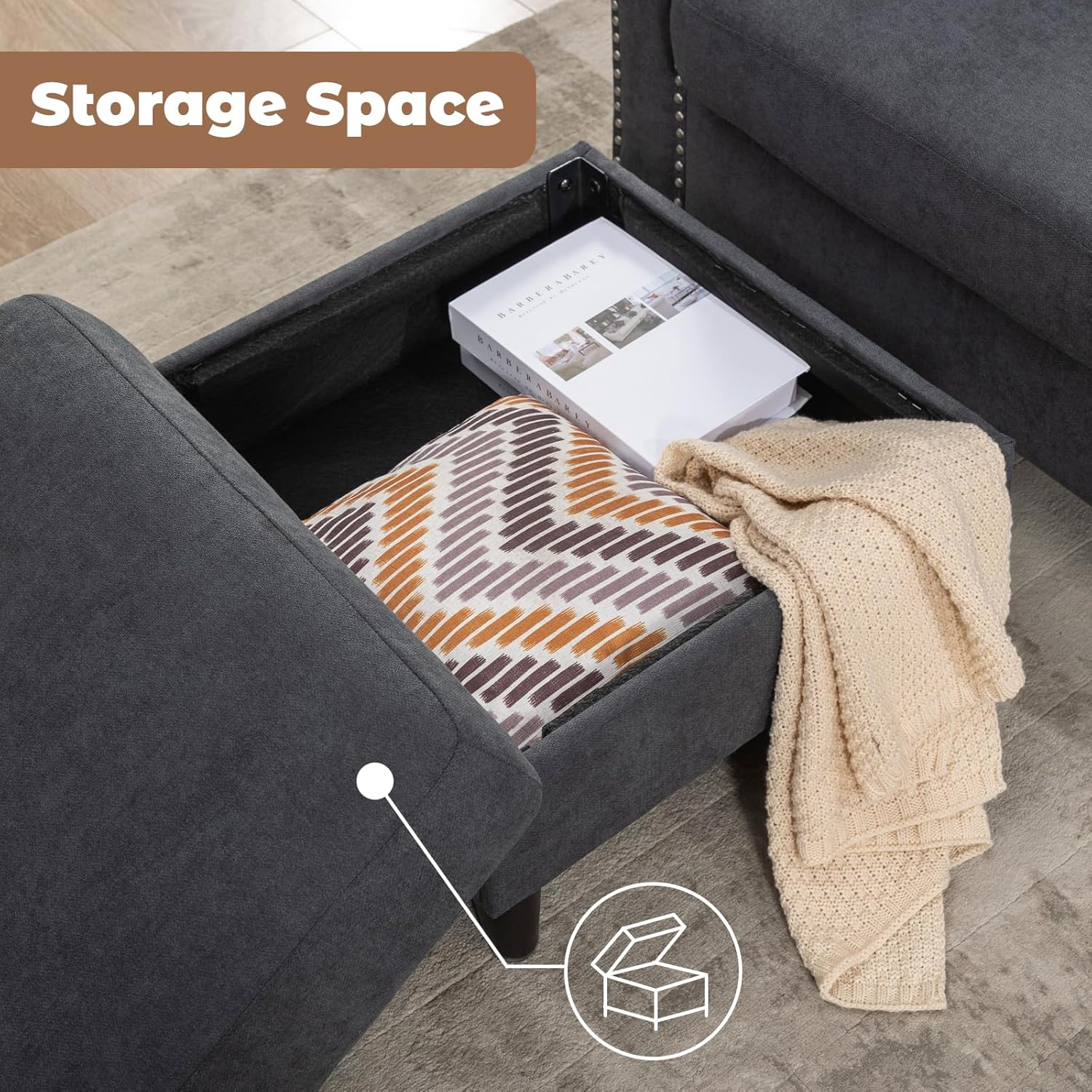 Convertible Sectional Couches for Living Room, L-Shaped Couch 3 Seats Sofas with Storage Chaise & 2 Cup Holders, Small Sofa for Apartment, Compact Spaces, Dark Grey - Image 5