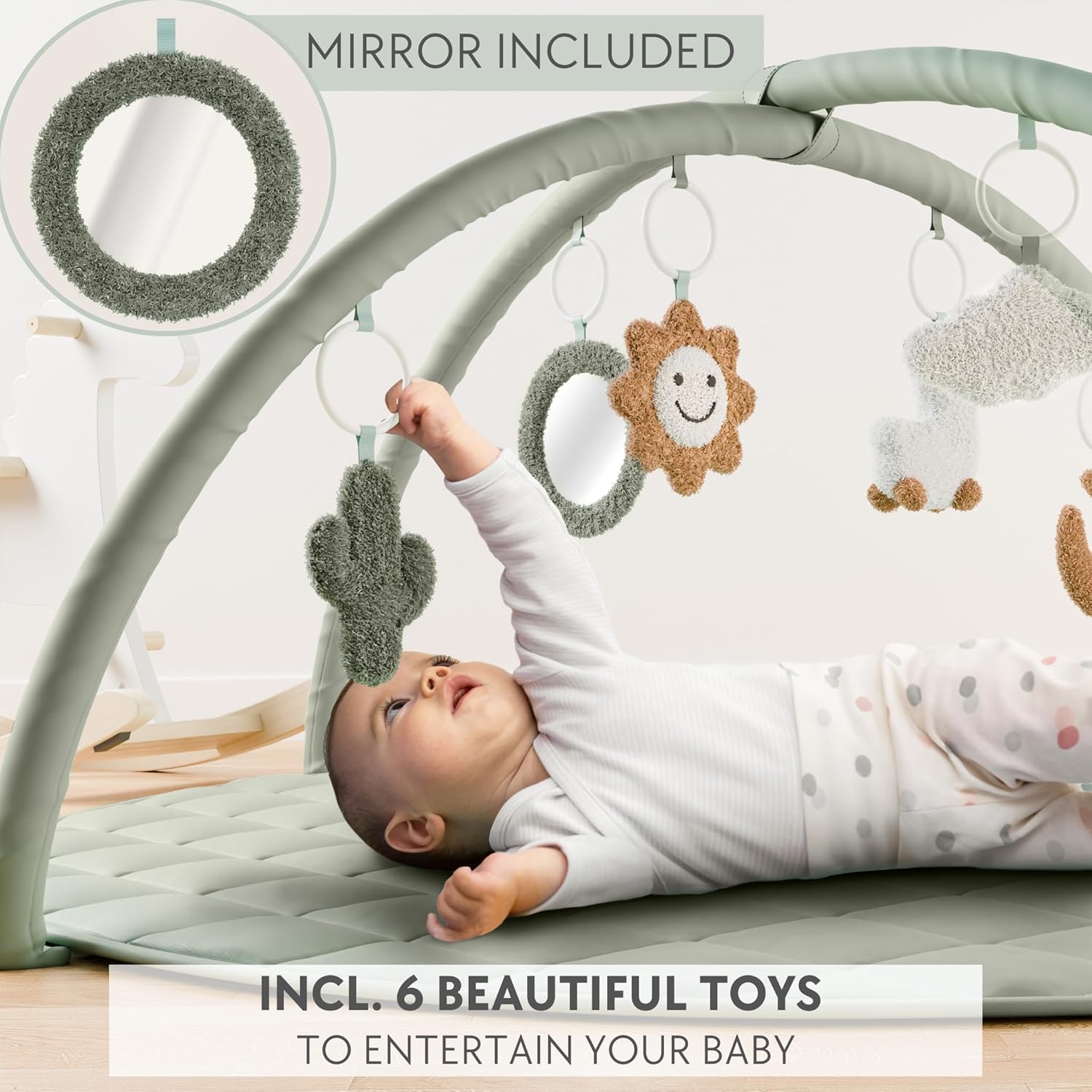 Beautiful Baby Play Gym and Tummy Time Mat - Soft Cotton Mat with 6 Cute Toys Creates The Perfect Activity Area for Your Girl/Boy - Stylish Infant Floor Playmat Fits Nicely with Any Playroom Decor - Image 3