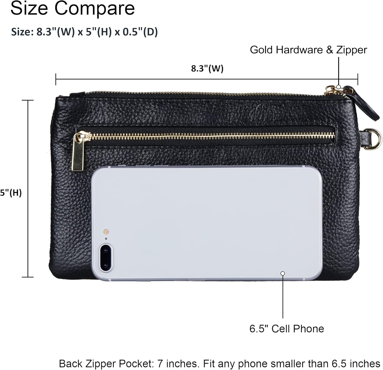 befen Women's Genuine Italian Leather Wristlet Clutch Wallet Purse, Gold Zipper - Image 6