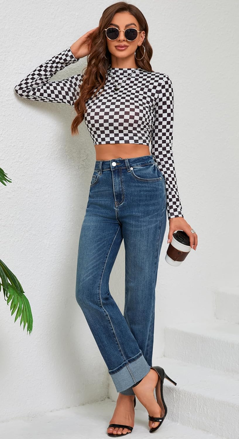 Womens Jeans High Waisted Stretchy Straight Leg Jeans for Women Tummy Control Trendy Cute Ankle Fold Hem Jeans Pants - Image 7