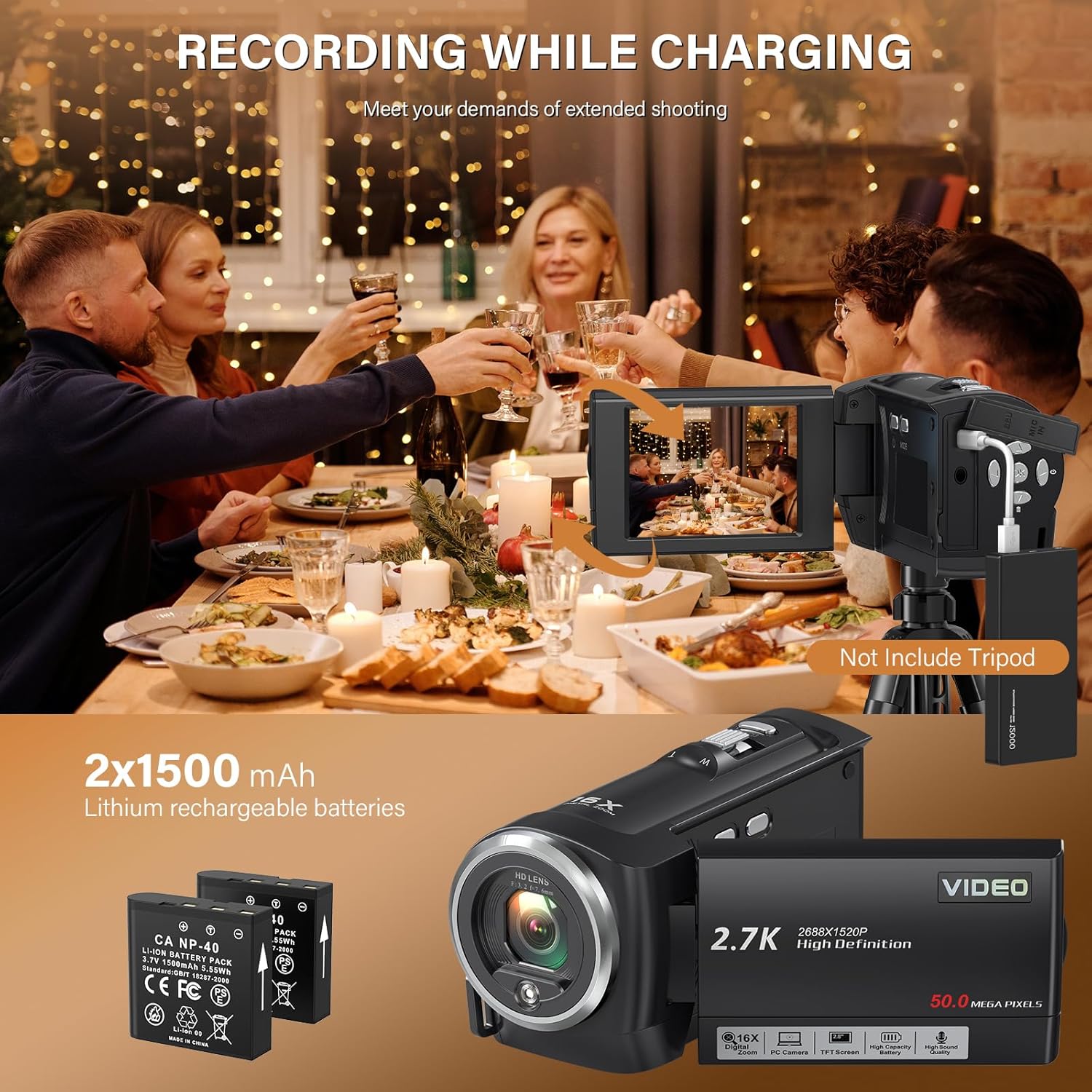 Video Camera Camcorder, QHD 2.7K Camcorder 50MP 16X Digital Video Camera for YouTube, 2.8'' 270 Degree Rotation Screen Video Recorder Vlogging Camera with 32GB Card and Two Batteries - Image 5