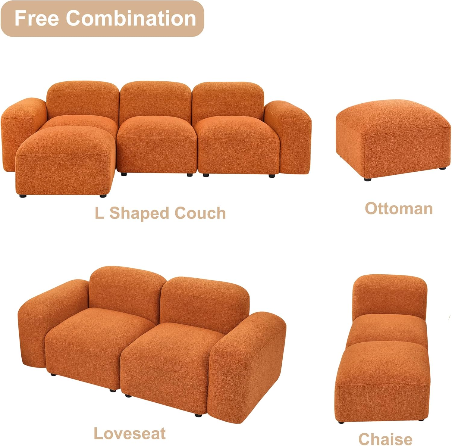 Modular Sectional Sofa, Convertible L Shaped Couch, 94.5" Modern Minimalist Cloud Couches for Living Room Set, Comfy Orange Teddy Fabric - Image 4