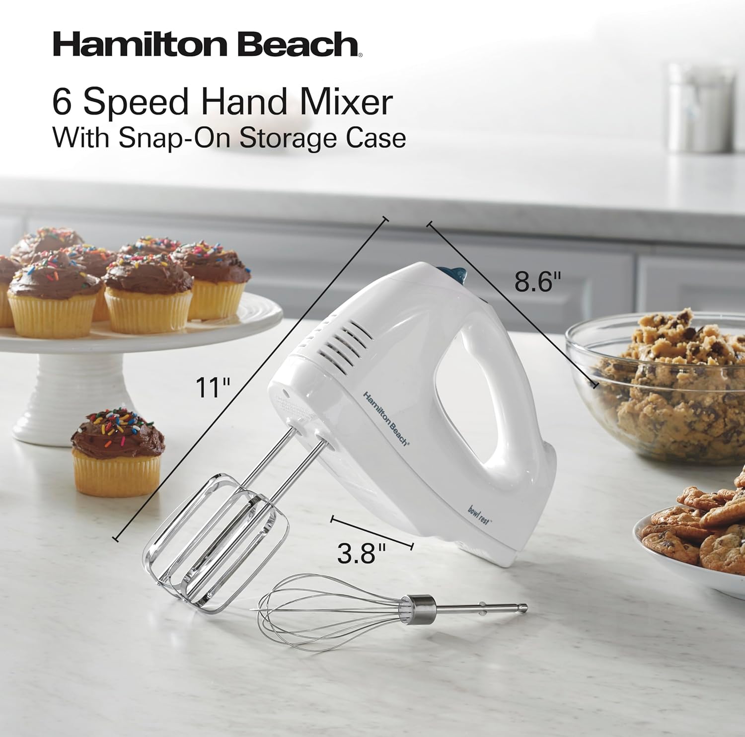 Hamilton Beach 6-Speed Electric Hand Mixer with Whisk, Traditional Beaters, Snap-On Storage Case, 250 Watts, White - Image 10