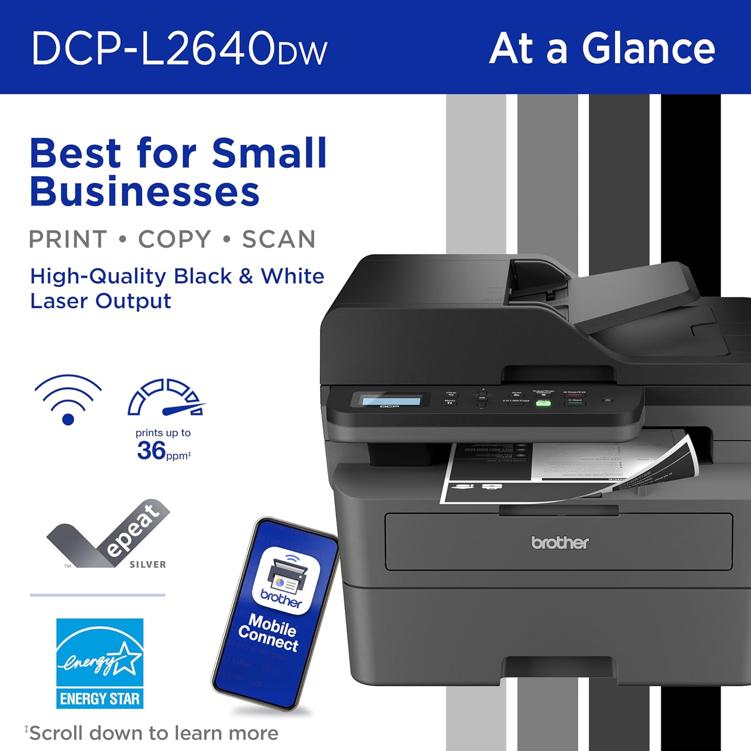 Brother DCP-L2640DW Wireless Compact Monochrome Multi-Function Laser Printer with Copy and Scan, Duplex, Mobile, Black & White | Includes Refresh Subscription Trial(1), Amazon Dash Replenishment Ready - Image 3