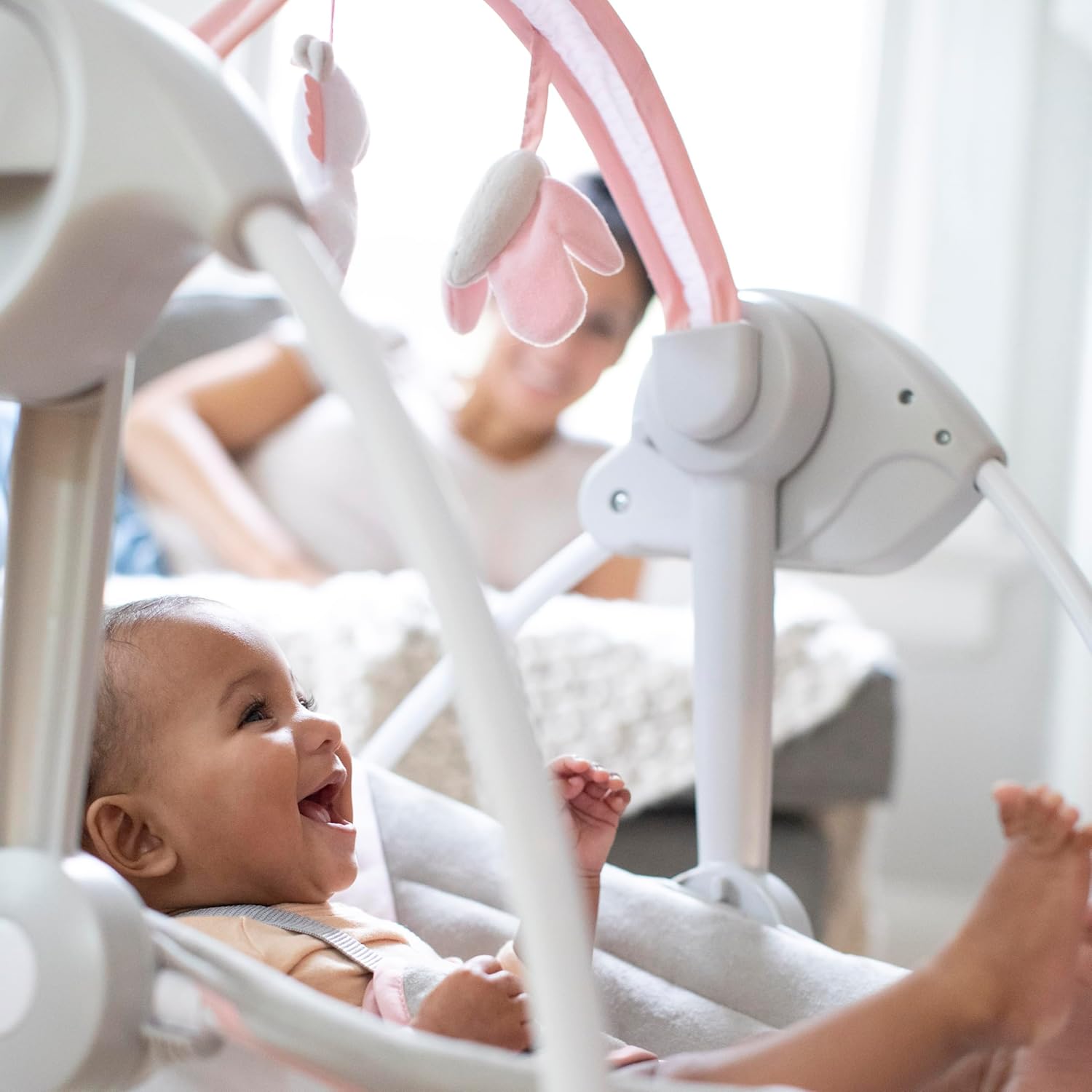 Ingenuity Comfort 2 Go Compact Portable 6-Speed Cushioned Baby Swing with Music, Folds Easy, 0-9 Months 6-20 lbs (Pink Flora the Unicorn) - Image 5