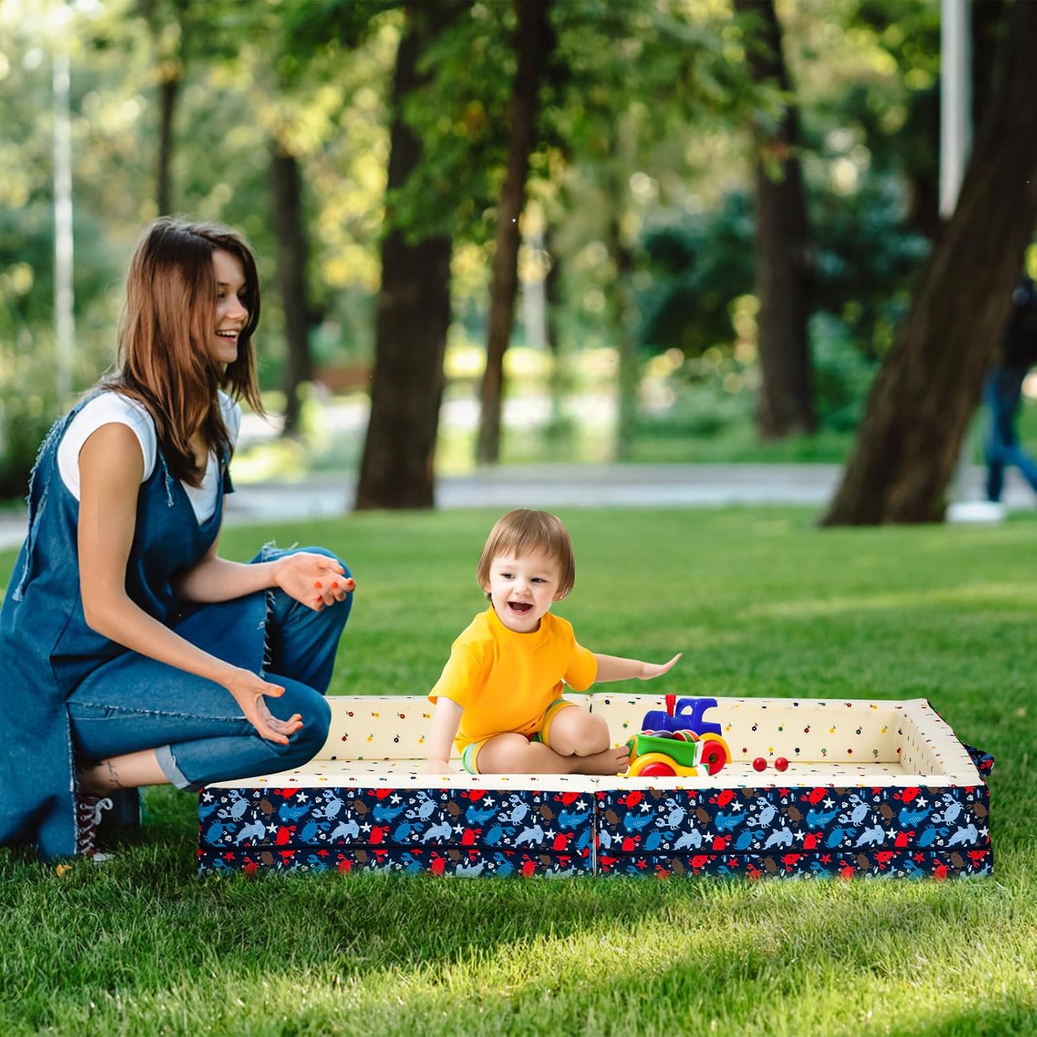 100% Cotton Inner Portable Foldable Toddler Travel Bed - Soft Foam Floor Bed with Washable Cover, Safe and Comfortable Toddler Crib, Ocean Blue - Image 8
