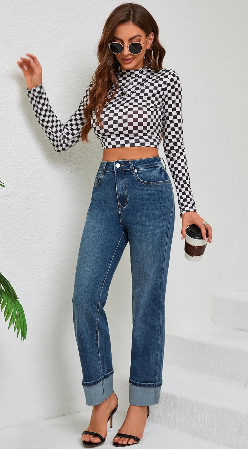 Womens Jeans High Waisted Stretchy Straight Leg Jeans for Women Tummy Control Trendy Cute Ankle Fold Hem Jeans Pants - Image 6