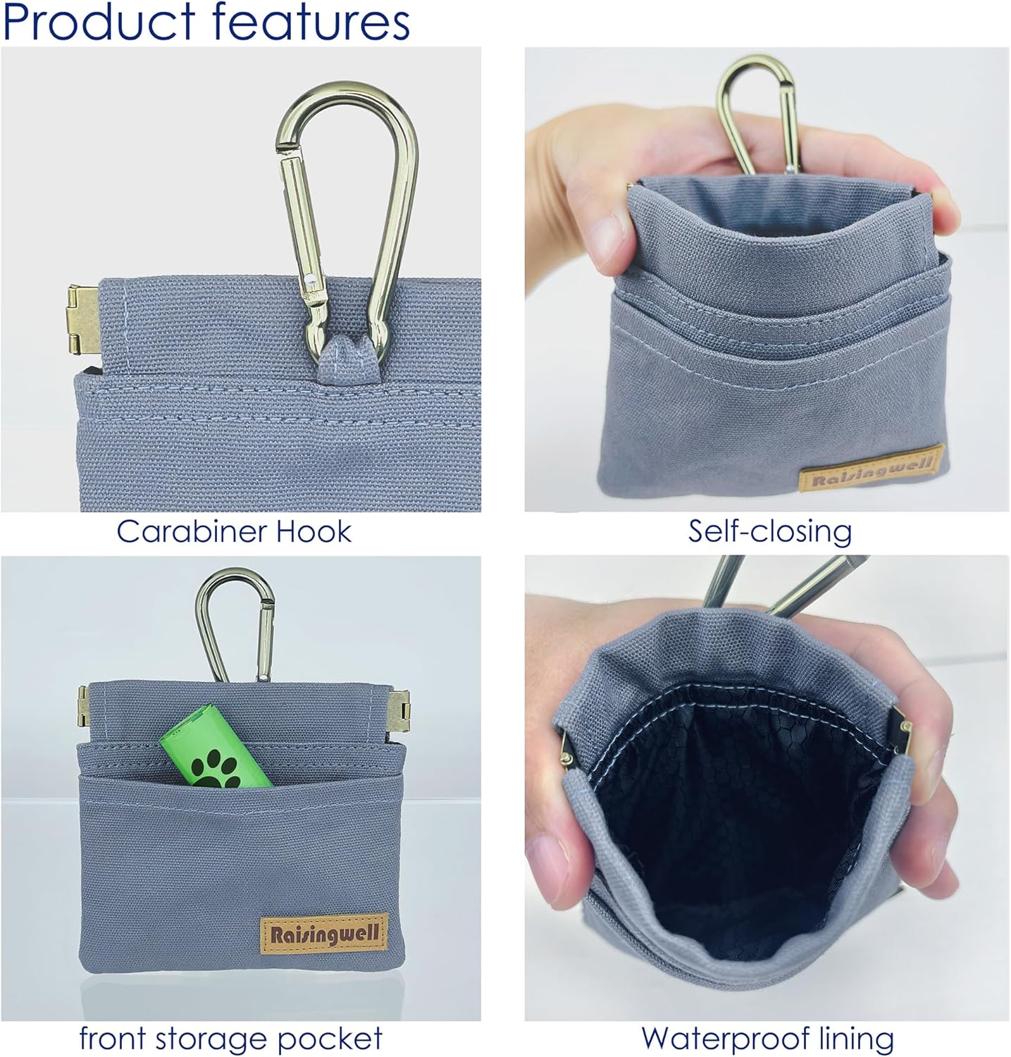 Dog Treat Pouch, Small Cotton Pocket Sized Training Holder, Hand Free Walking Fanny Bag with Carabiner, Self-Closing Pet Feed Snack Reward, Behavior Aids for Puppy Travel or Outdoor (Grey) - Image 4