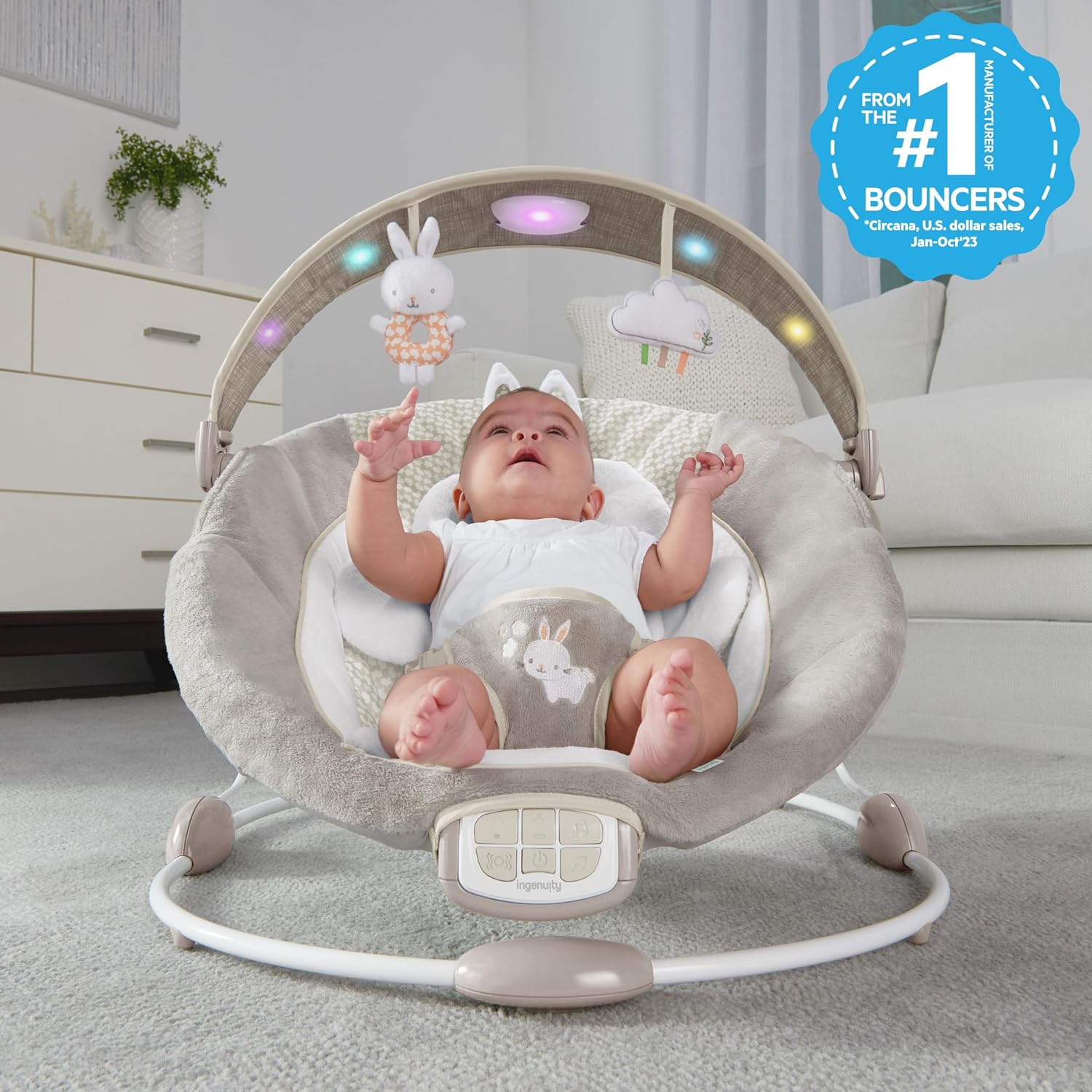 Ingenuity InLighten Baby Bouncer Infant Seat with Light Up -Toy Bar, Vibrations, Tummy Time Pillow & Sounds, 0-6 Months Up to 20 lbs (Twinkle Tails Bunny) - Image 5