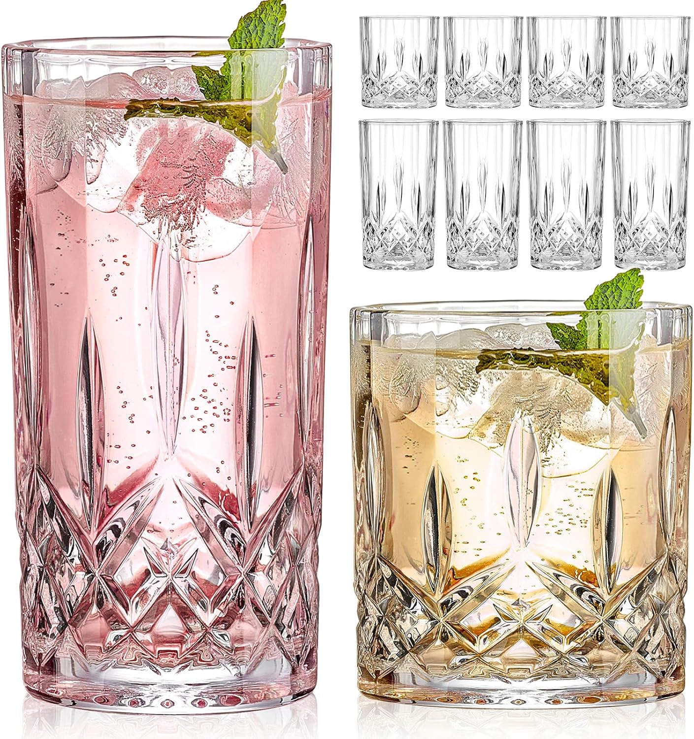 Drinking Glasses, 8 Piece Crystal Glass Cups, Mixed Glassware Set, 4 pcs Crystal Old Fashioned 11oz Highballs and 4 pcs 11oz Whiskey Glasses, Great for Cocktail, Whisky and other Beverages - Image 2