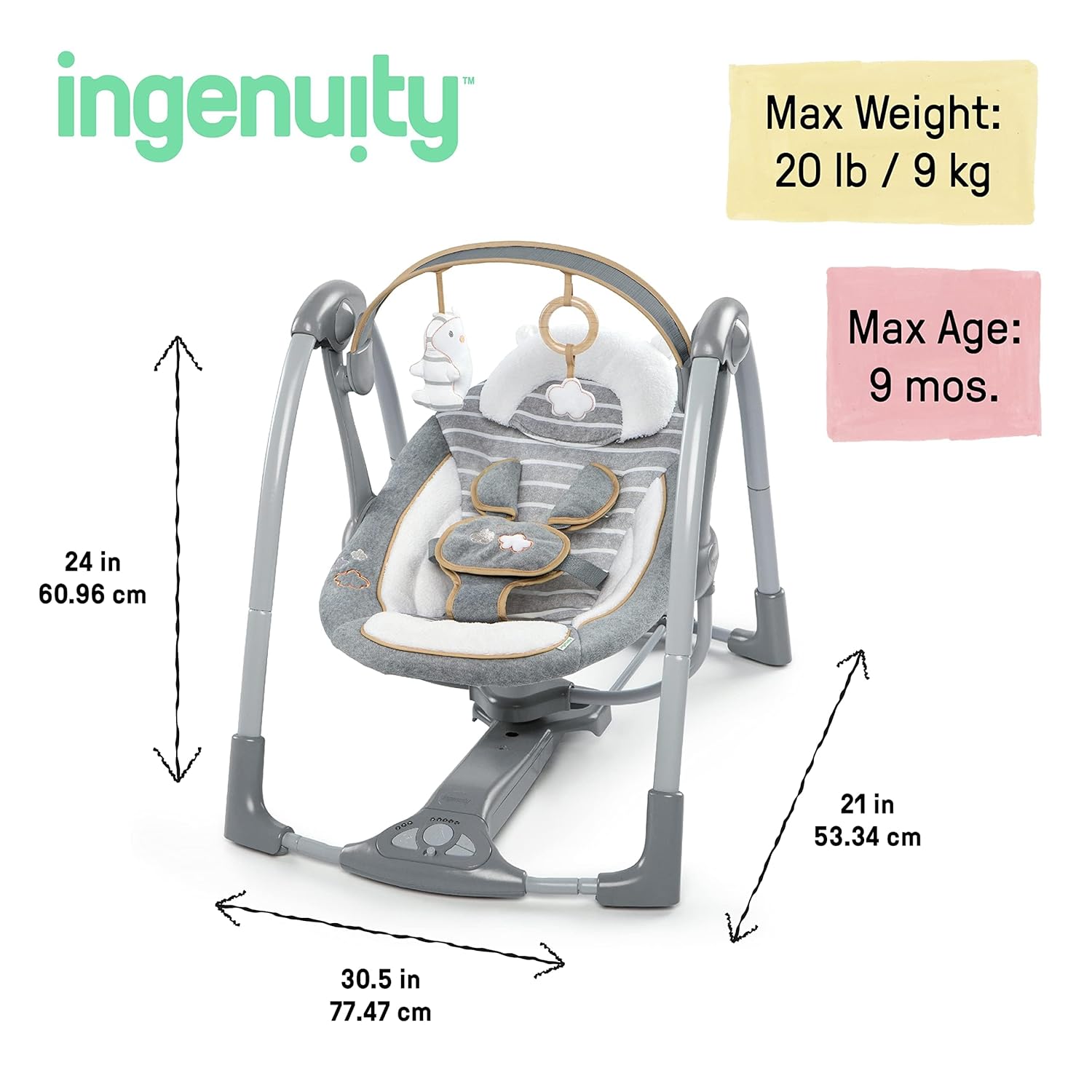 Ingenuity Swing 'n Go Deluxe 5-Speed Baby Swing with Cushioned Harness - Foldable, Portable, 2 Plush Toys & Sounds, 0-9 Months 6-20 lbs (Bella Teddy) - Image 10