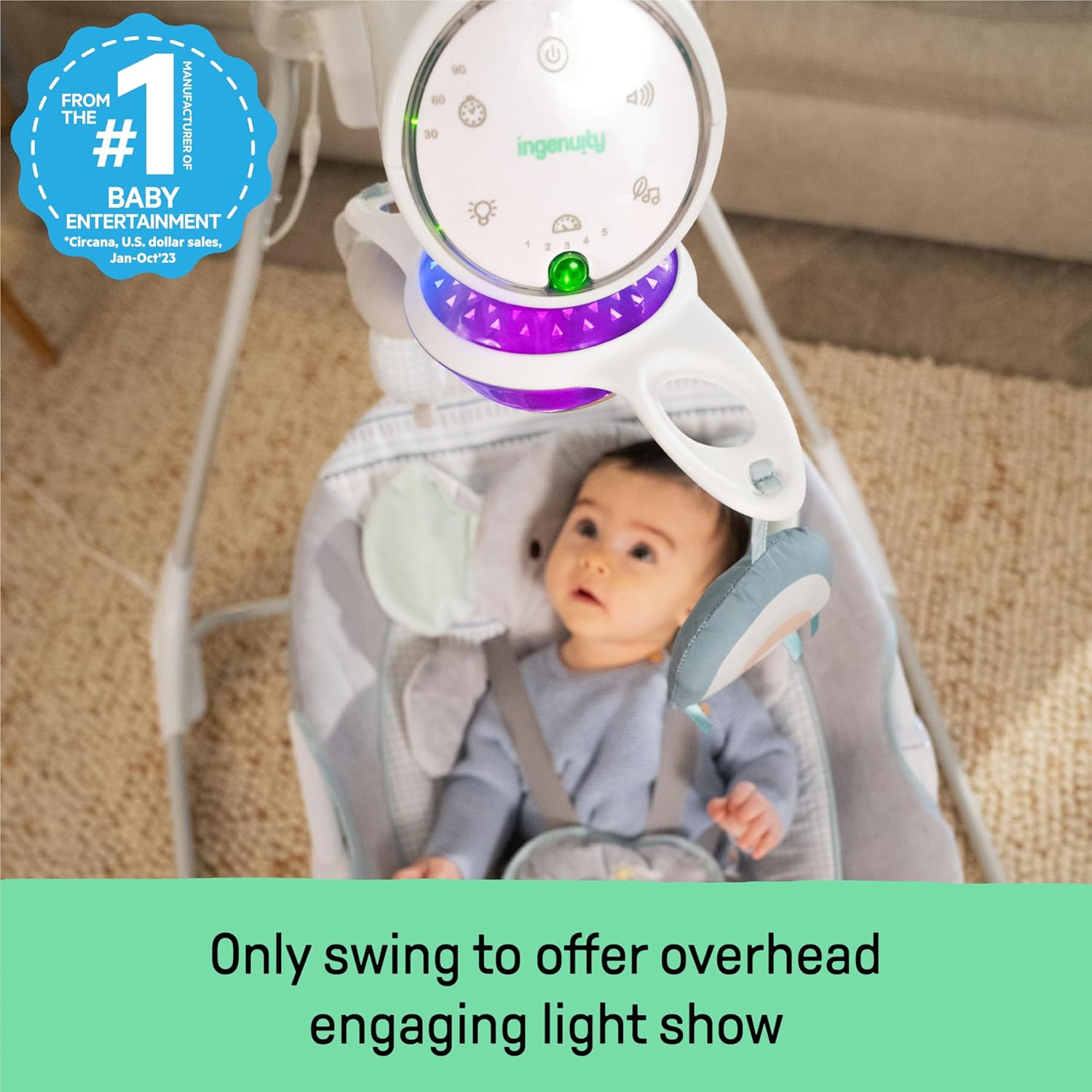 Ingenuity InLighten 5-Speed Baby Swing - Swivel Infant Seat, 5 Point Safety Harness, Nature Sounds, Lights - Van Elephant - Image 4