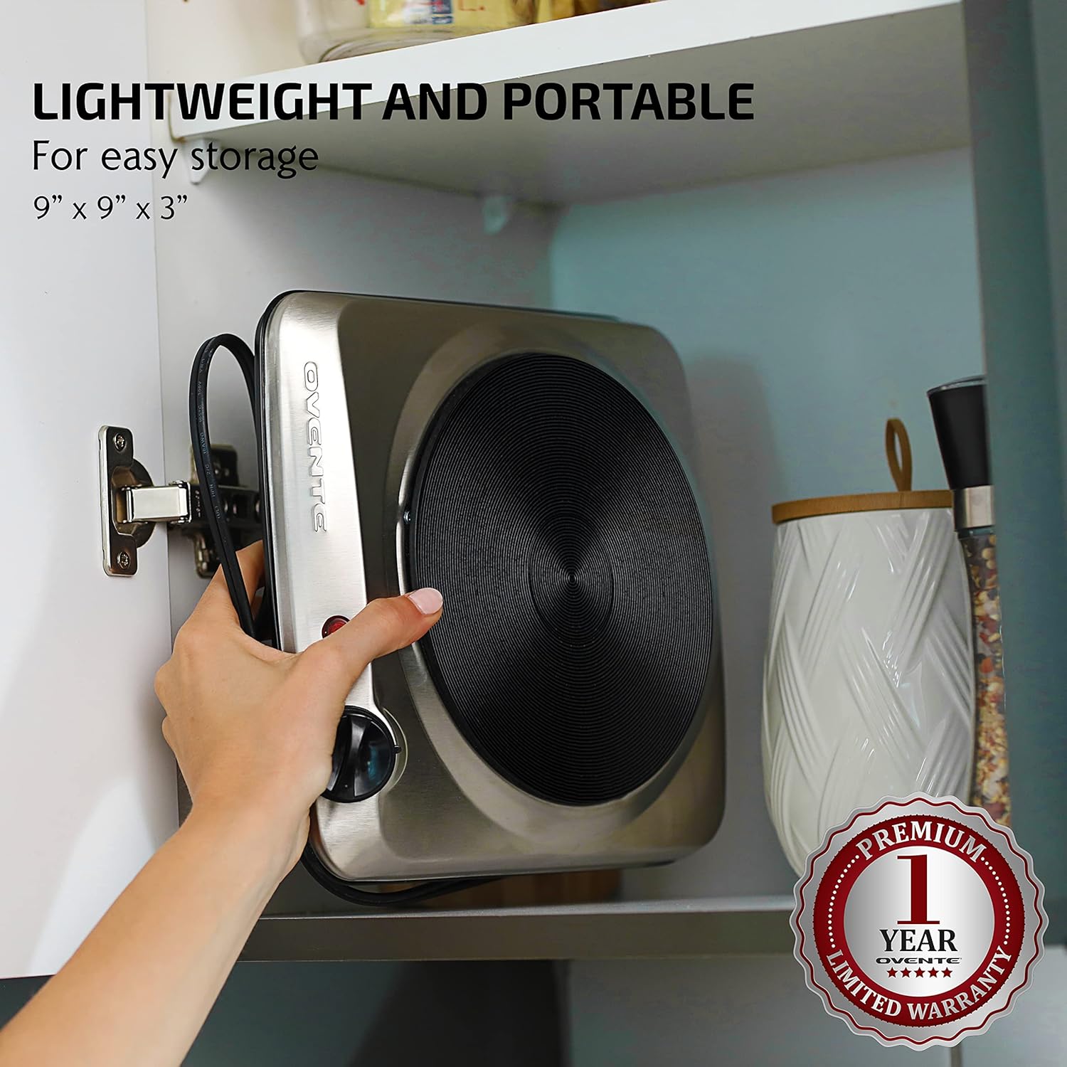 OVENTE Electric Countertop Single Burner, 1000W Cooktop with 7.25 Inch Cast Iron Hot Plate, 5 Level Temperature Control, Compact Cooking Stove and Easy to Clean Stainless Steel Base, Silver BGS101S - Image 4